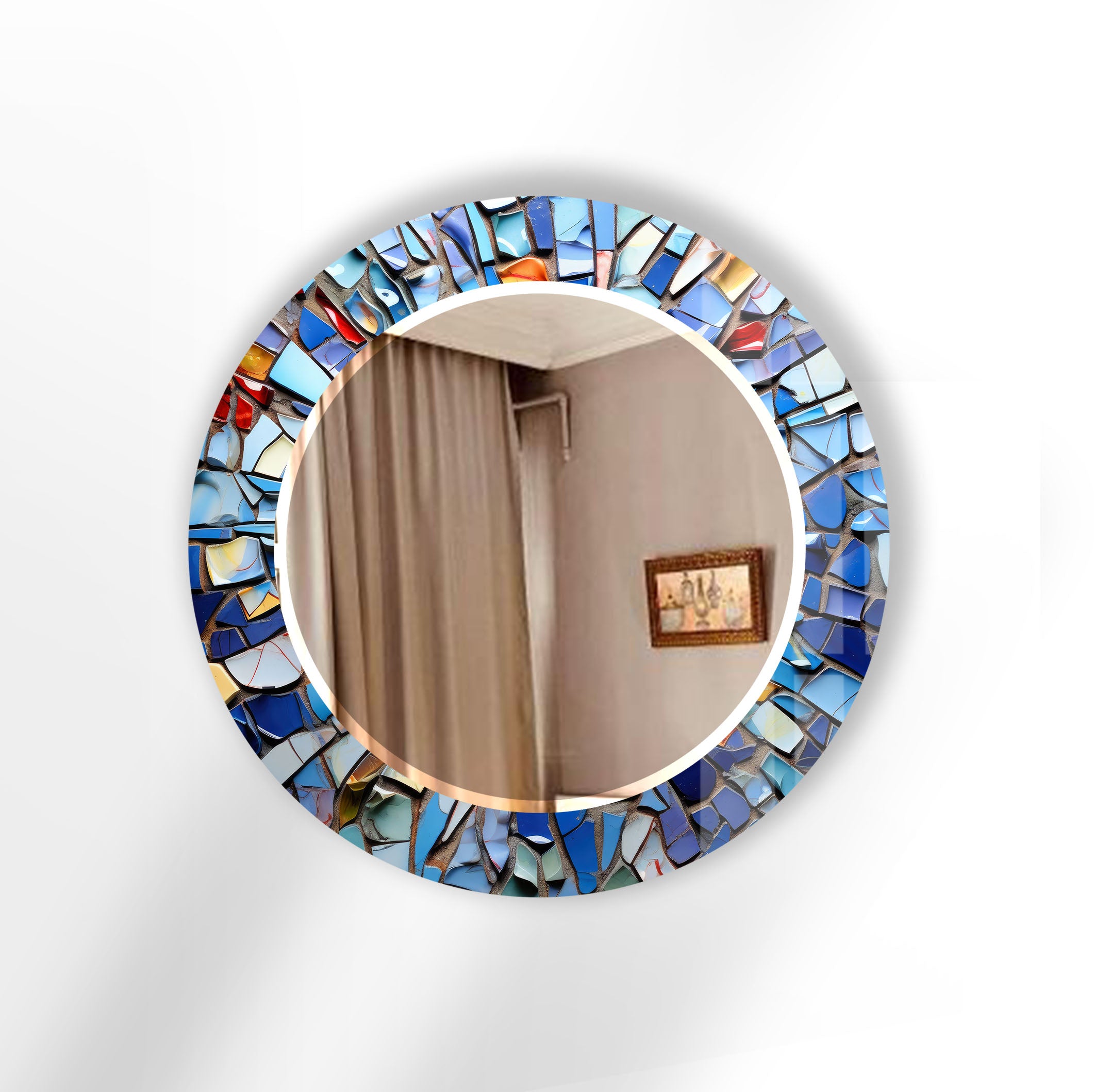 Blue Mosaic Round Mirror with Artistic Frame - Modern Wall Decor for Living Room, Bedroom & Bathroom | Handcrafted Glass Tile Design for Stylish Home Interiors