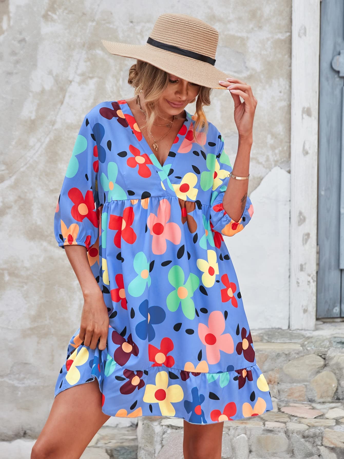 WERTYT Women's Floral Print Surplice Front Smock Dress - Blue Large Size | Casual Summer Dress for Beach, Party & Everyday Wear