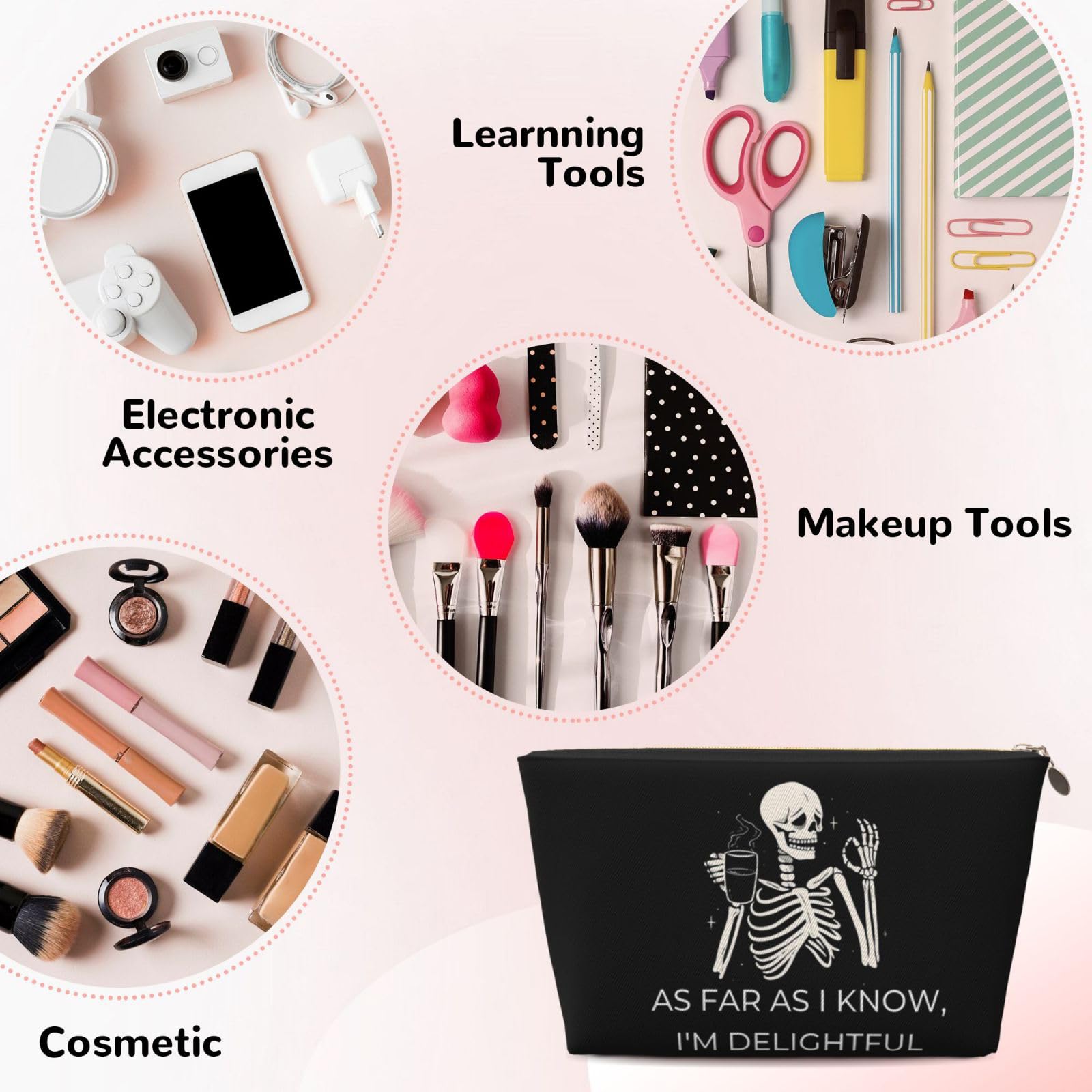 Waterproof PVC Leather Travel Makeup Bag with Zipper - Portable Cosmetic Organizer for Women & Girls, Aesthetic Skeleton Design - Perfect for Travel, Gym & Daily Use