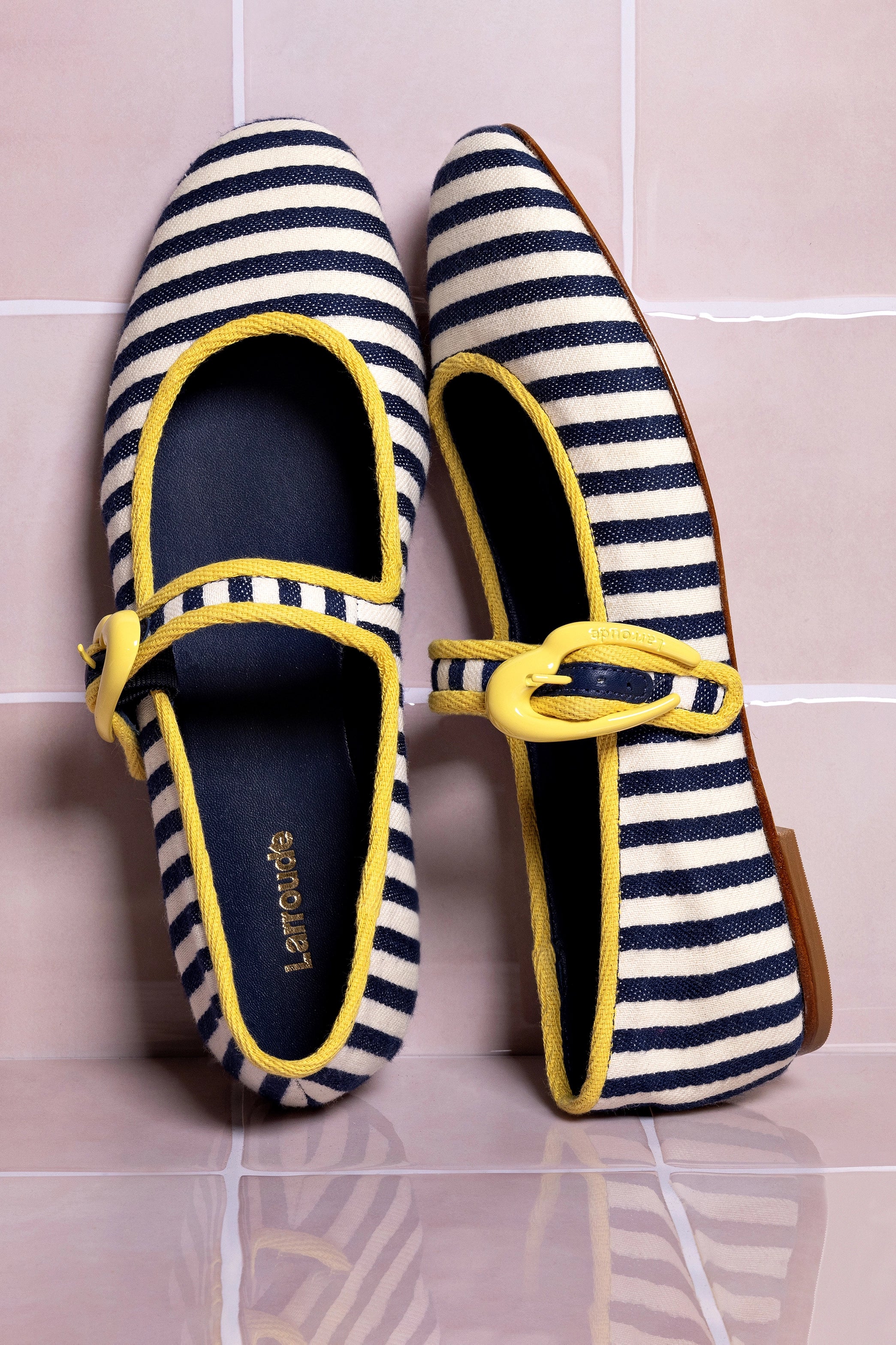 Verona Navy & Natural Striped Ballet Flats with Lemonade Trimming - Comfortable Women's Shoes for Work, Casual & Everyday Wear