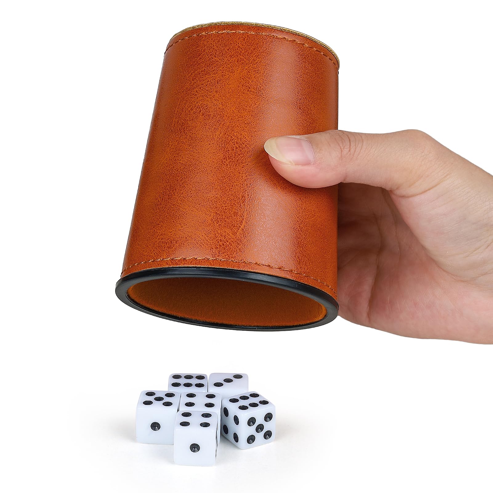 Premium PU Leather Dice Cup Set with Soft Felt Lining - 6 Quiet Dice Shakers & 36 Dice for Yahtzee, Farkle, Bar Parties & Family Game Nights - Elegant Brown Gaming Accessories (Perfect for Tabletop Games, Casino Nights & Travel Entertainment)