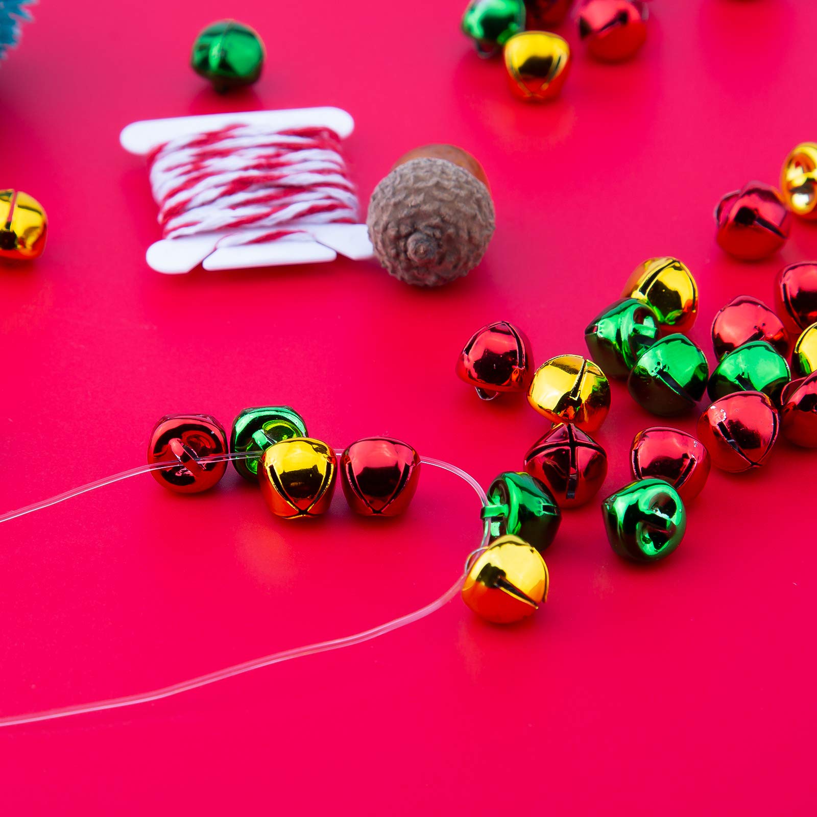 SAVITA 240Pcs Christmas Jingle Bells (0.5inch) - 80Pcs Red, Gold, Green Bells with 20m Red Rope for DIY Crafts, Wreath Making, Holiday Decorations, Necklace Jewelry, Home Party & Gift Wrapping Supplies
