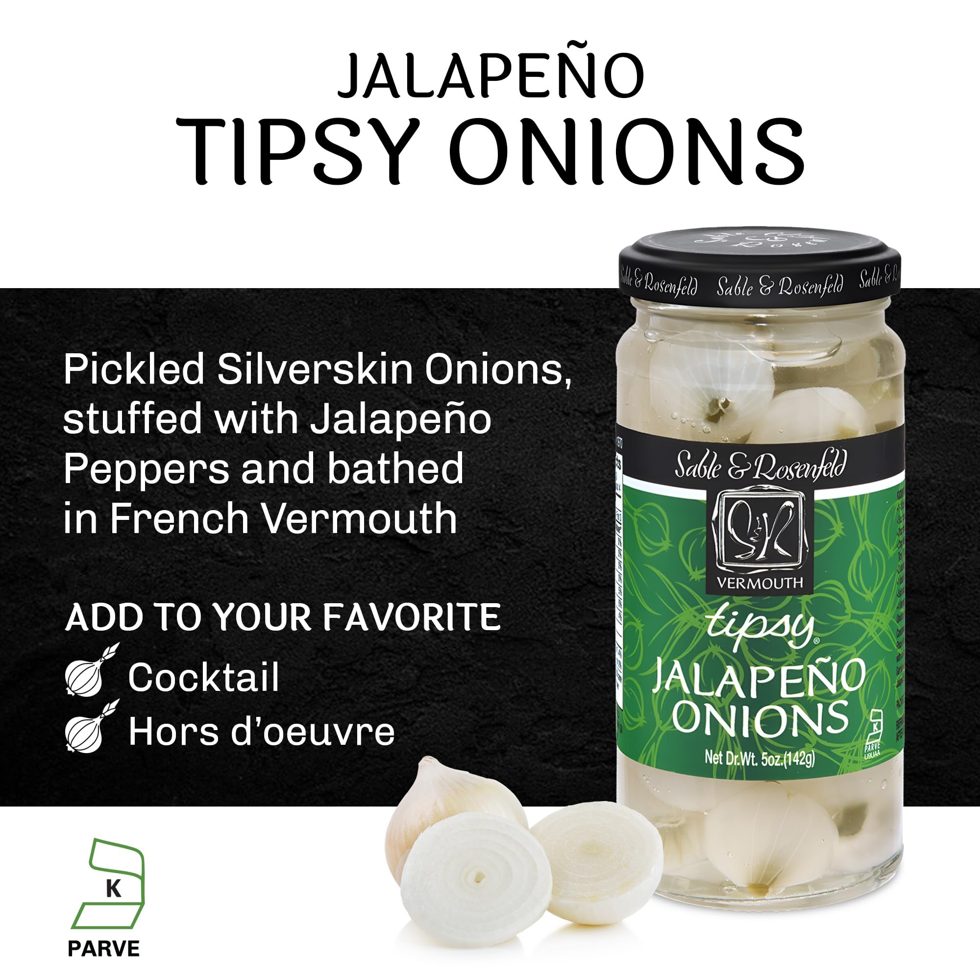Sable & Rosenfeld Tipsy Stuffed Jalapeno Cocktail Onions in Jar - 5 oz (Pack of 6) - Pickled Silverskin Onions with French Vermouth for Martinis, Bloody Marys & Charcuterie Boards - Perfect for Cocktail Parties & Gourmet Appetizers
