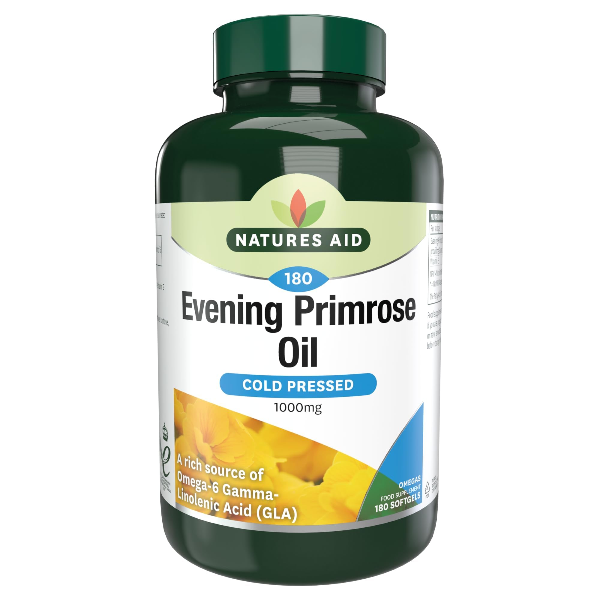 Natures Aid Evening Primrose Oil 1000mg - Cold Pressed Omega-6 GLA Supplement - 180 Softgel Capsules for Women's Health, Hormone Balance & Skin Care - Perfect for PMS Relief, Menopause Support & Healthy Skin Routine