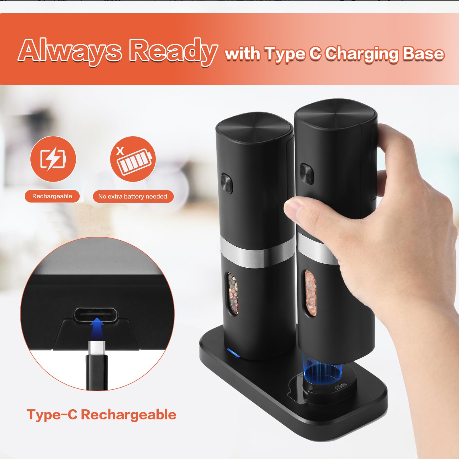 Rechargeable Electric Salt and Pepper Grinder Set - Battery-Free Automatic Mill with Charging Base, Adjustable Coarseness & Blue LED Light - 2 Pack for Kitchen, Dining Table, BBQ, Camping, and Gifting