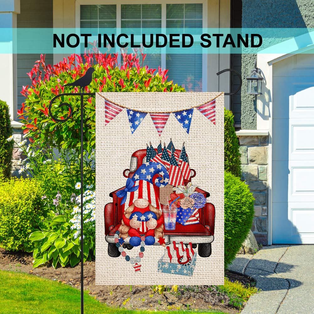 Premium Double-Sided American Gnome Red Truck Welcome Burlap Garden Flag - 12