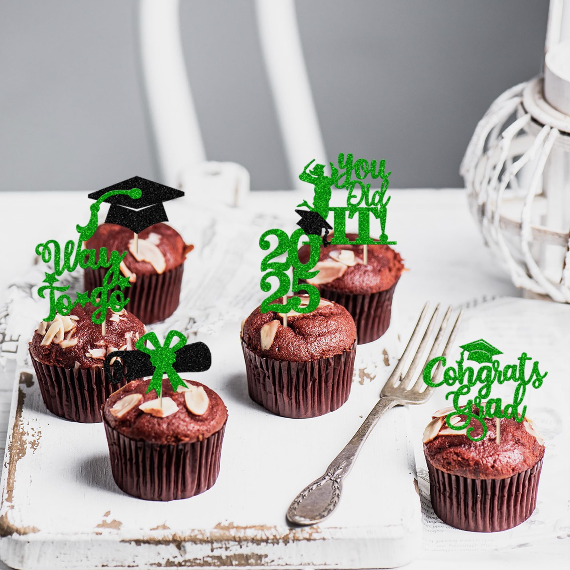 24 Pack Class of 2025 Graduation Cupcake Toppers - Glitter Grad Cap & Law School Survivor Cake Decorations for Lawyer Graduation Party Supplies (Green) - Perfect for 2025 Graduation Celebrations, Birthday Parties & Special Events