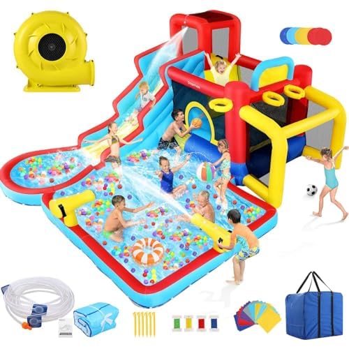 **AKEYDIY 13-in-1 Inflatable Water Slide Bounce House with Waterfall Waves - Kids Backyard Water Park, Splash & Blast Bouncer, Ball Toss, Soccer Gate | Perfect for Summer Parties, Birthdays, and Outdoor Family Fun**