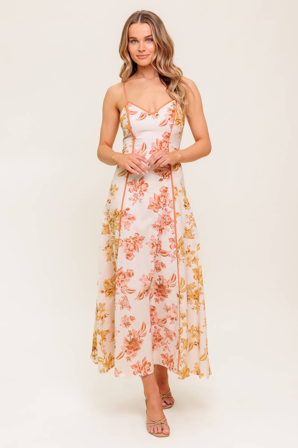 Carlyn Midi Dress - Mustard Floral Print Women's Casual Summer Dress for Beach, Party & Vacation