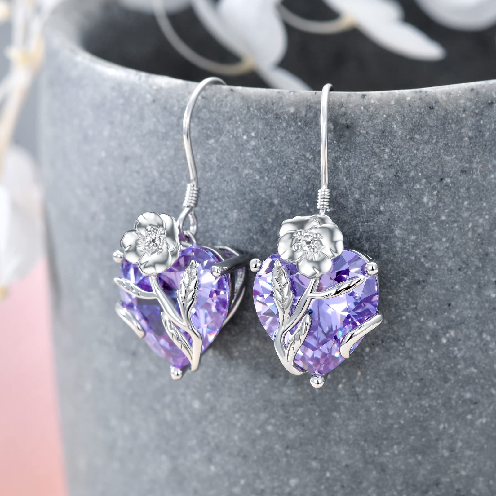 TOUPOP Sterling Silver Birth Month Flower Drop Earrings for Women - Crystal Dangle Earrings with Heart Design, Perfect Birthday Jewelry Gift for Girls & Women | Ideal for Parties, Weddings & Everyday Wear