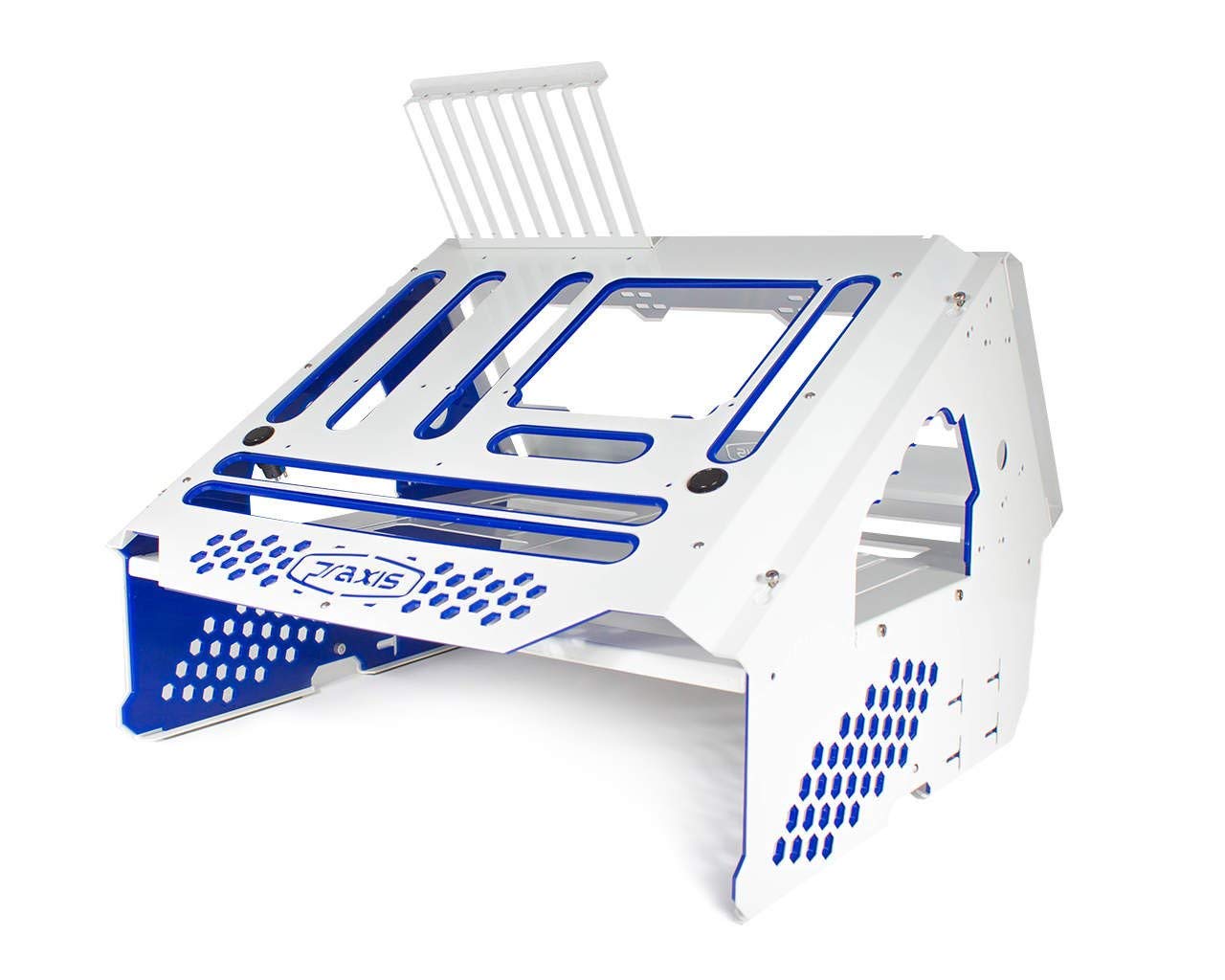 PrimoChill Praxis Wetbench - Powder Coated Steel Modular Open Air Computer Test Bench for Water Cooling & Air Cooling PC Builds - White with Blue Accents - Perfect for PC Builders, Tech Enthusiasts & Custom Rig Testing
