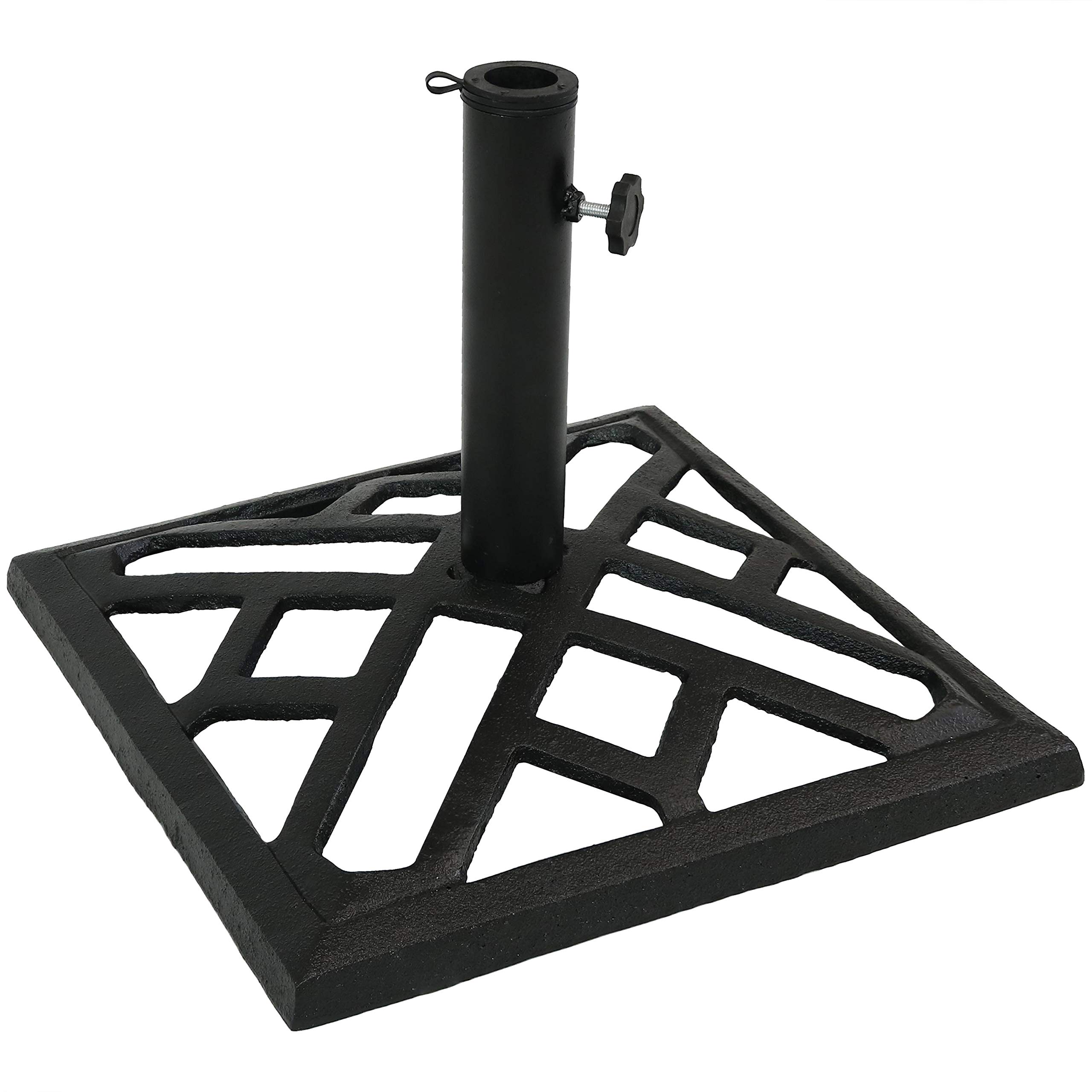 Sunnydaze 17-Inch Square Cast Iron Patio Umbrella Base Stand - Heavy Duty Geometric Design Outdoor Weighted Stand for Market Umbrellas - Perfect for Poolside, Garden, Deck, and Backyard Use
