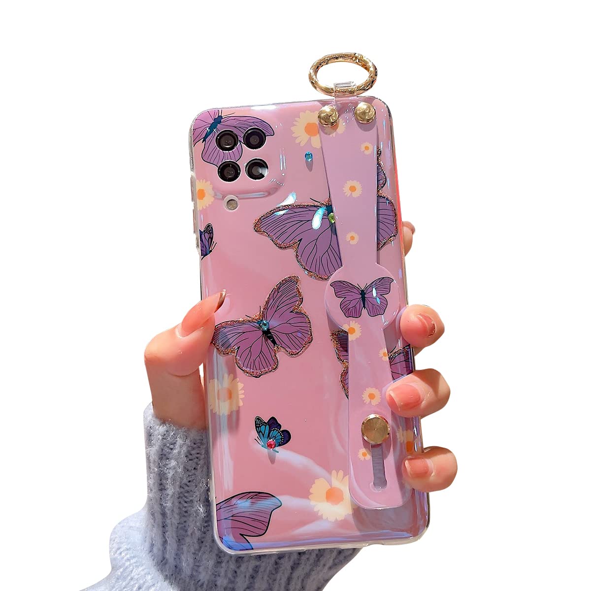 Cute Samsung Galaxy A42 5G Case with Wrist Strap & Kickstand - Glitter Bling Cartoon IMD Soft TPU Shockproof Protective Phone Cover for Women (Purple Butterfly) - Perfect for Everyday Use, Work & Travel