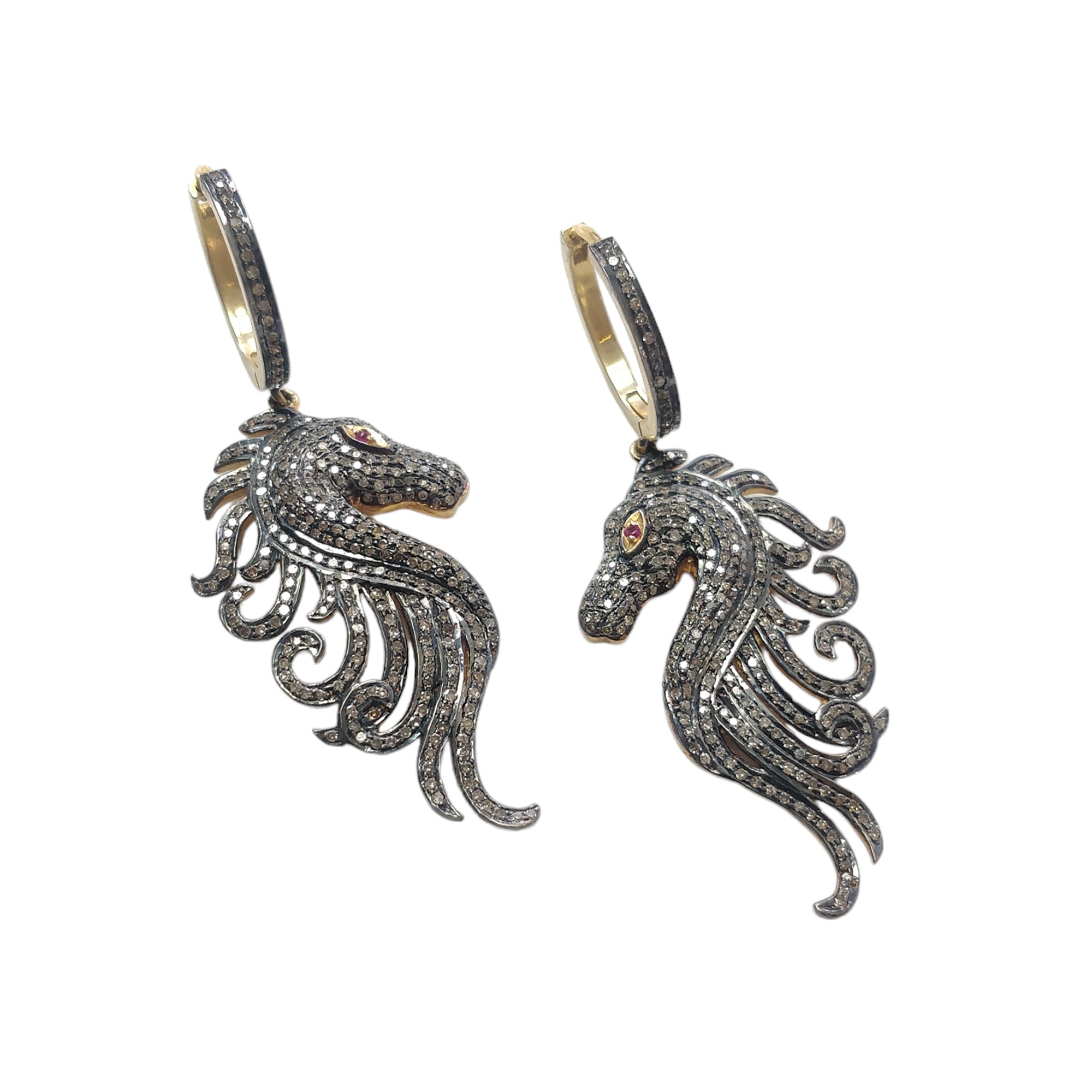 14K Gold & Sterling Silver Diamond Ruby Gemstone Hoop Earrings - 2.5 Inch Dangle Drop Horse Face Design with Pave Setting | Perfect for Weddings, Parties & Special Occasions