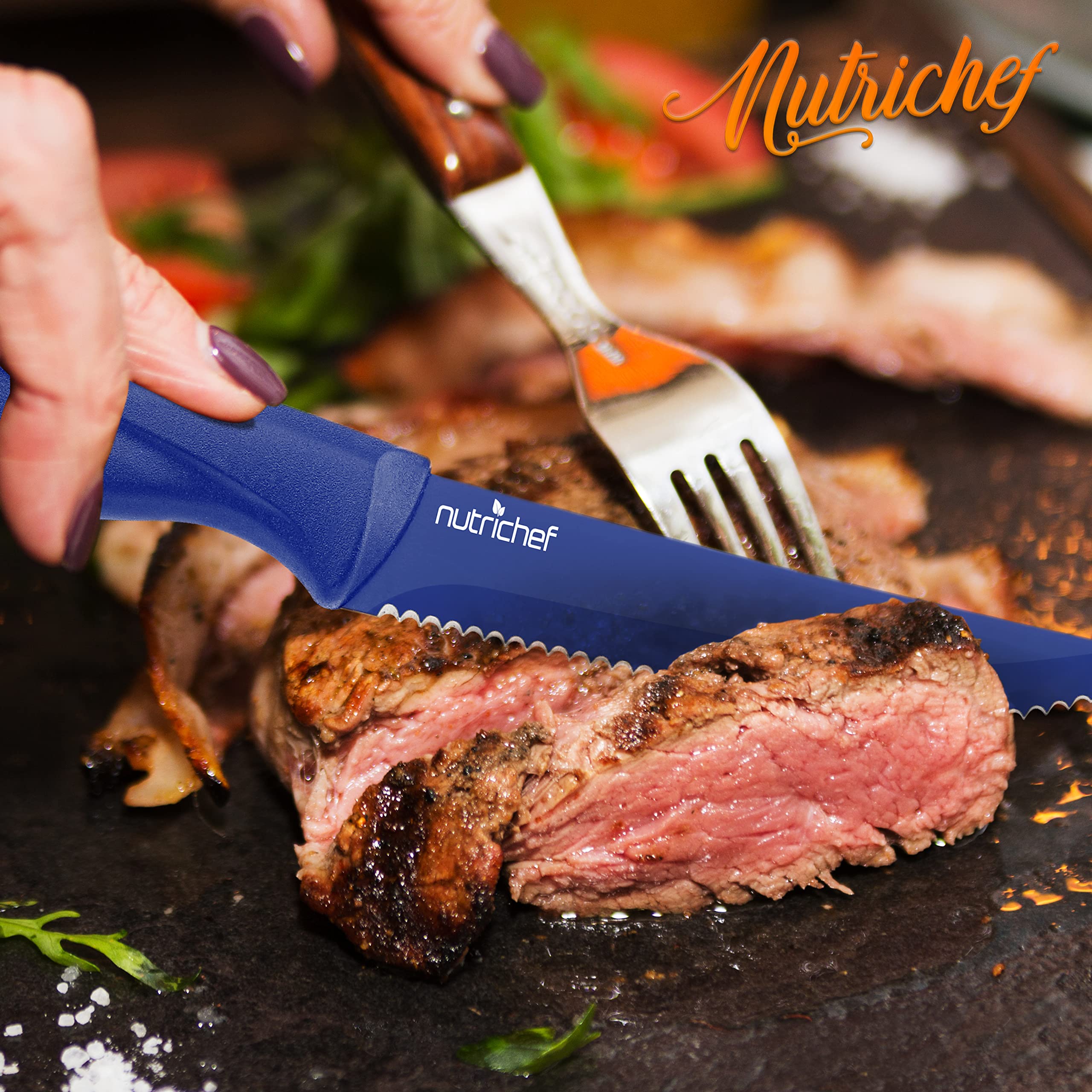 NutriChef 8-Piece Stainless Steel Kitchen Knife Set - Ergonomic Non-Stick Serrated Blades for Meat, Vegetables & Fruits - Durable Unbreakable Knives for Cooking, BBQ, Grilling & Food Prep - Perfect for Home Chefs & Outdoor Camping (Blue, NCSK8BU)