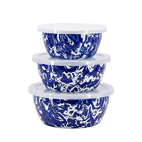 Premium Cobalt Blue Swirl Enamelware Nesting Bowl Set - 3-Piece Kitchen Essentials for Mixing, Serving & Food Storage | Durable & Stylish for Home, Camping & Picnics