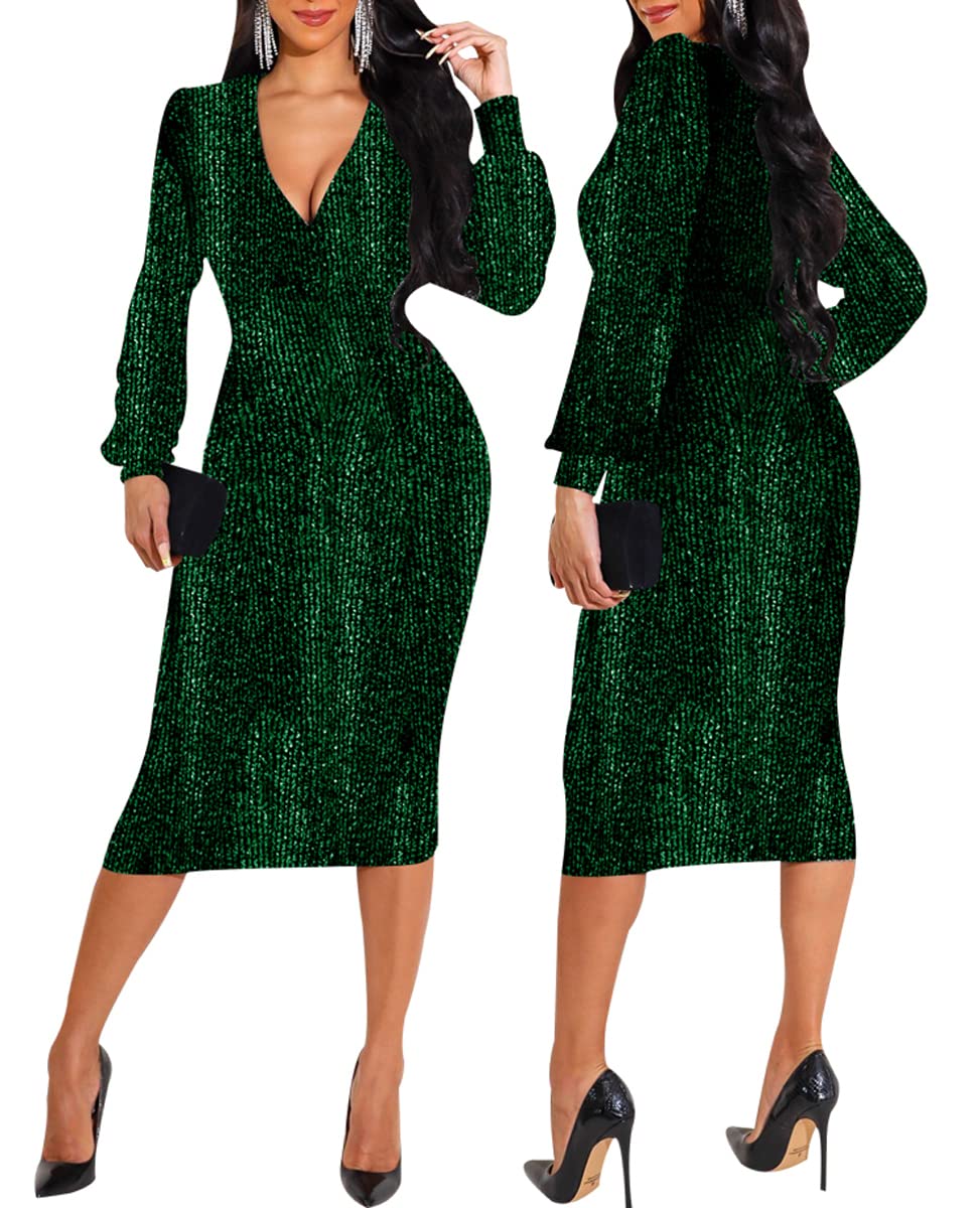 Sexy Sparkly Long Sleeve Bodycon Dress for Women - Deep V Neck Elegant Club Midi Dress for Party, Night Out & Special Occasions