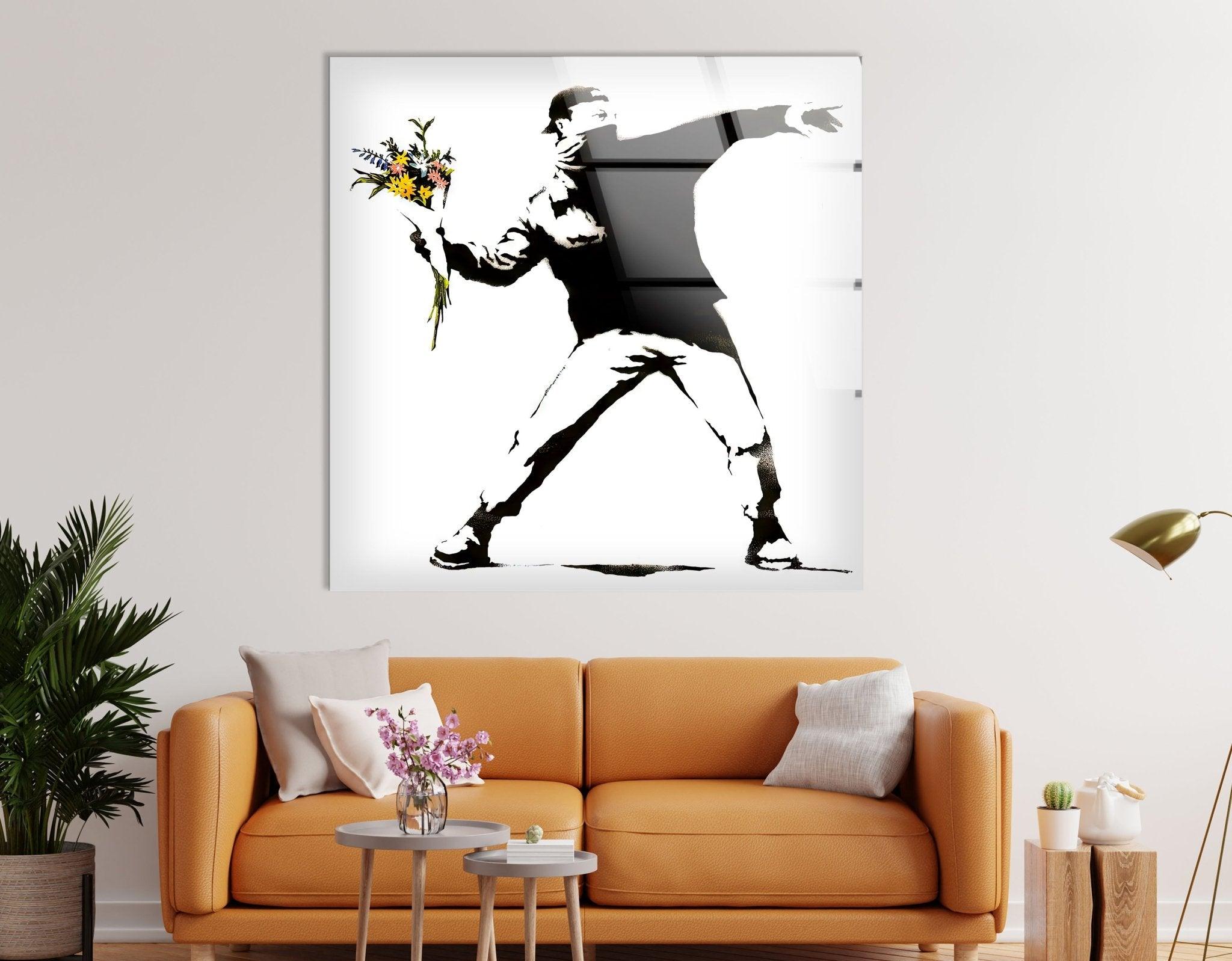 Banksy Flower Thrower Glass Wall Art - Stunning Framed Home Decor for Living Room, Bedroom & Office - Unique Gift Idea for Art Lovers