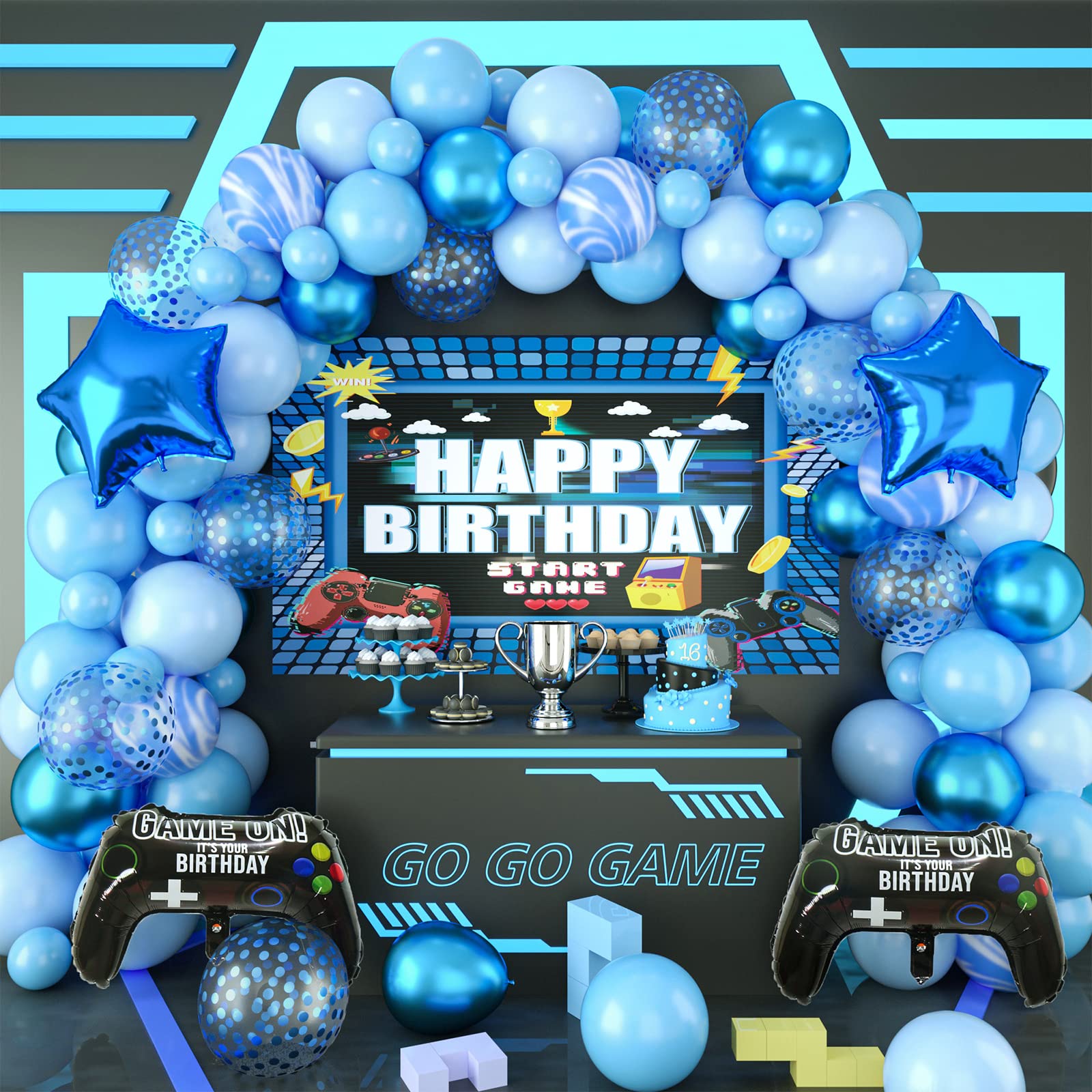 Ultimate Video Game Birthday Party Decorations Set - Blue Gaming Backdrop Banner, Multi-Color Balloons & Foil Gamer Balloons - Perfect for Gaming Themed Birthday Parties, Streamer Events & Esports Celebrations