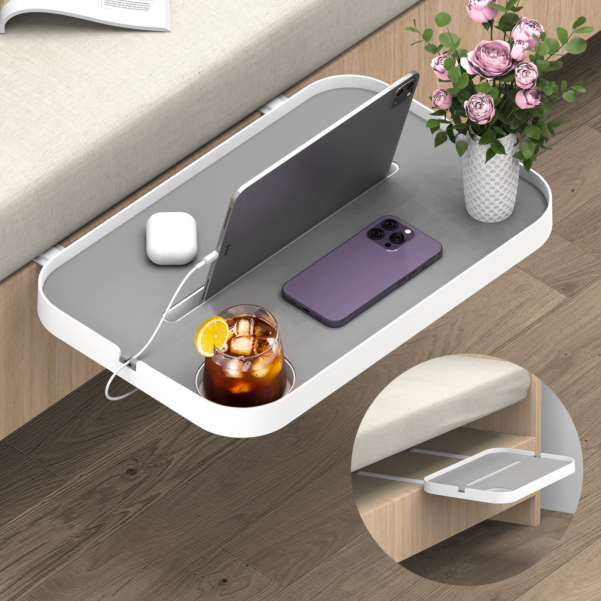 KIWIFOTOS Bedside Shelf - Under Mattress Bedside Table, Bedroom Organizer & Storage Rack for Box Spring, Platform, Dorm Beds - Perfect Nightstand Tray for Phones, Books & Essentials by Your Bedside