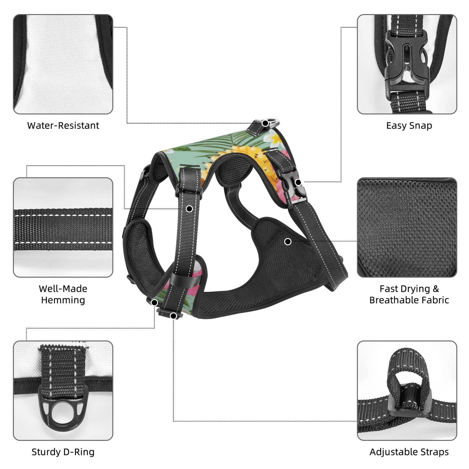 Breathable No-Pull Dog Harness with Leash - Soft Padded Escape-Proof Vest for Training & Outdoor Walking - Floral Hawaiian Pineapple Design - Perfect for Small, Medium & Large Dogs - Great for Hiking, Jogging & Daily Walks