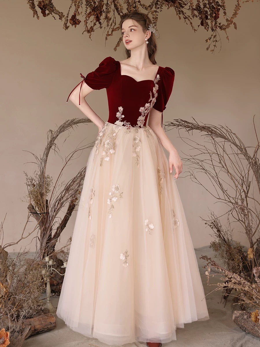 Elegant A-Line Velvet Tulle Lace Champagne Long Prom Dress - Formal Evening Gown for Homecoming, Ball, Wedding & Special Occasions
