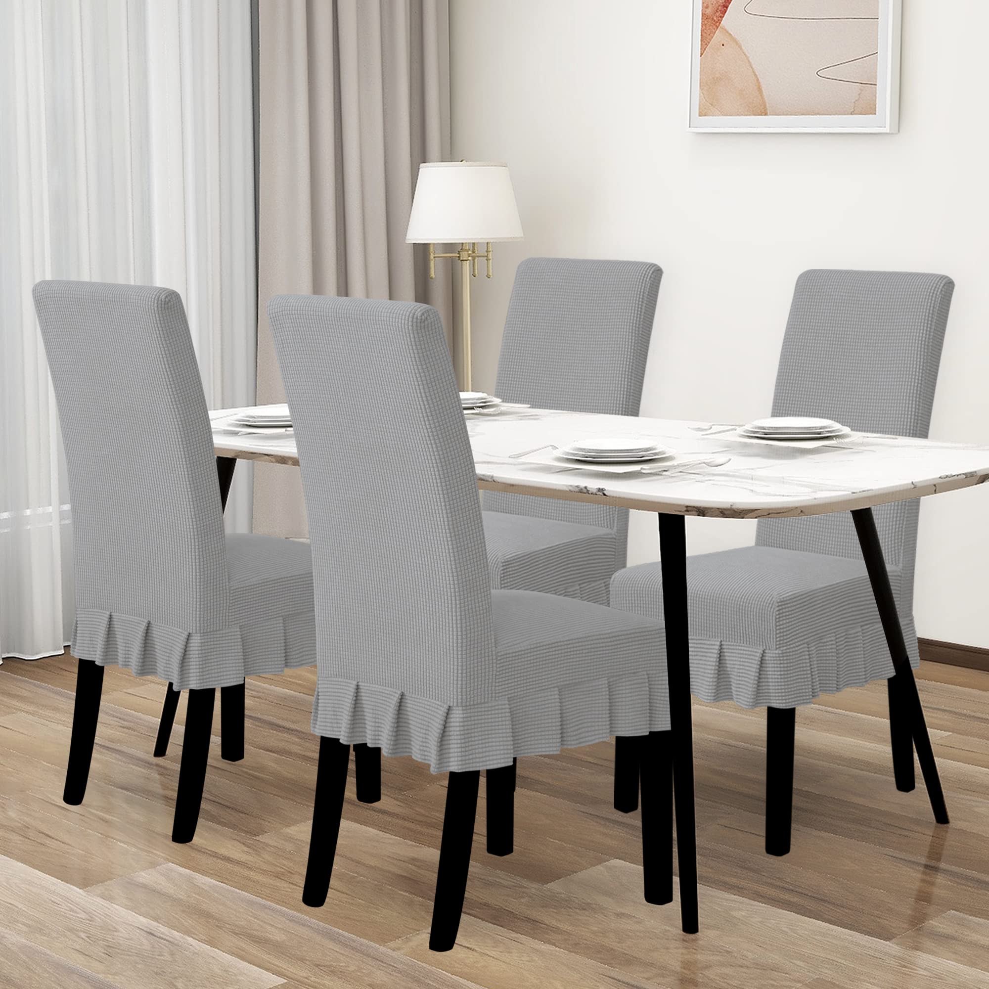 Stretchable Parsons Dining Chair Covers with Skirt - 4-Piece Set in Light Gray for Restaurants, Banquets & Home Dining Rooms - Washable & Durable Slipcovers for Everyday Use & Special Occasions