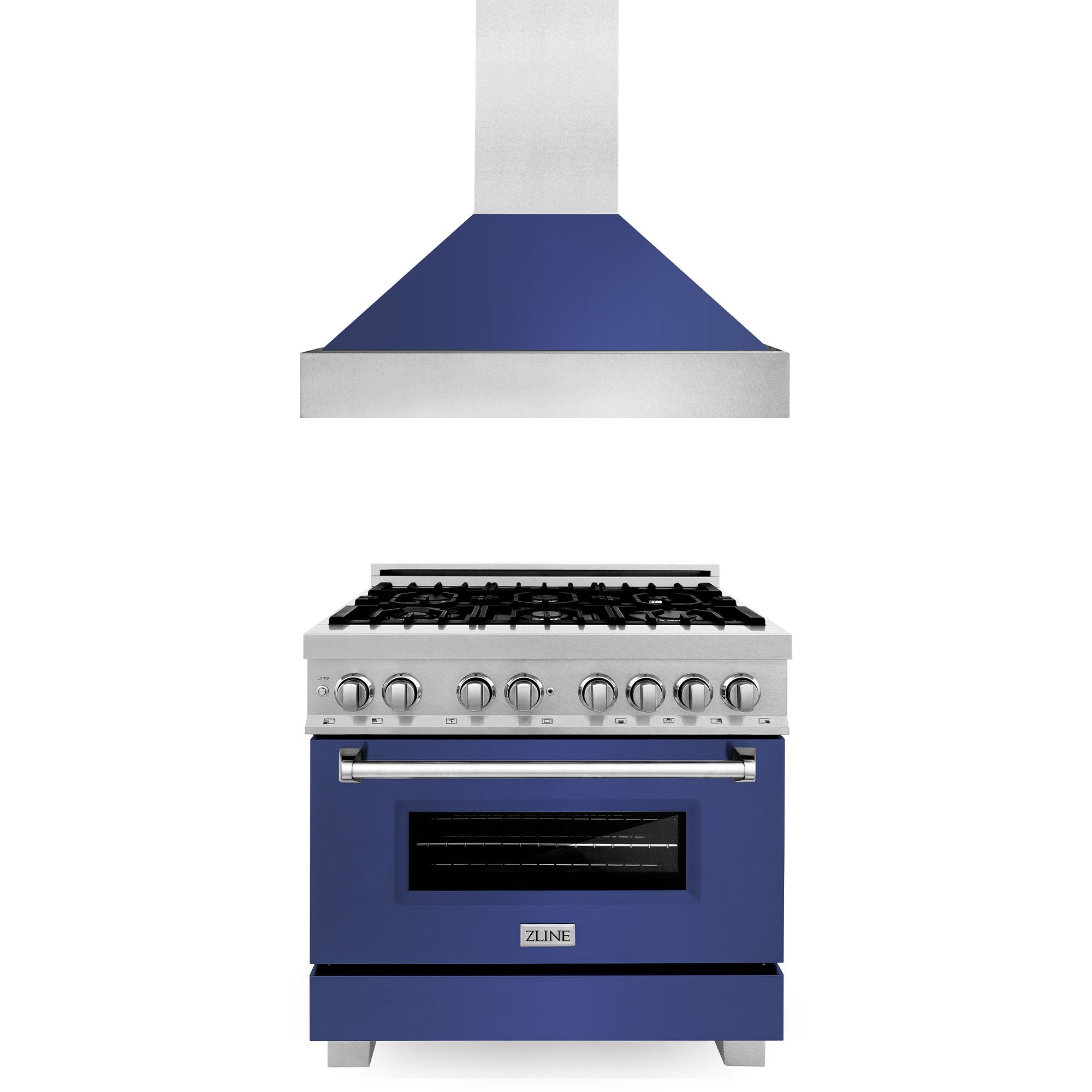 ZLINE 36-inch Professional Dual Fuel Range with Blue Matte Door & Convertible Vent Hood - Satin Stainless Steel Kitchen Package for Home Chefs & Serious Cooks | Perfect for Gourmet Cooking, Entertaining & Modern Kitchen Upgrades