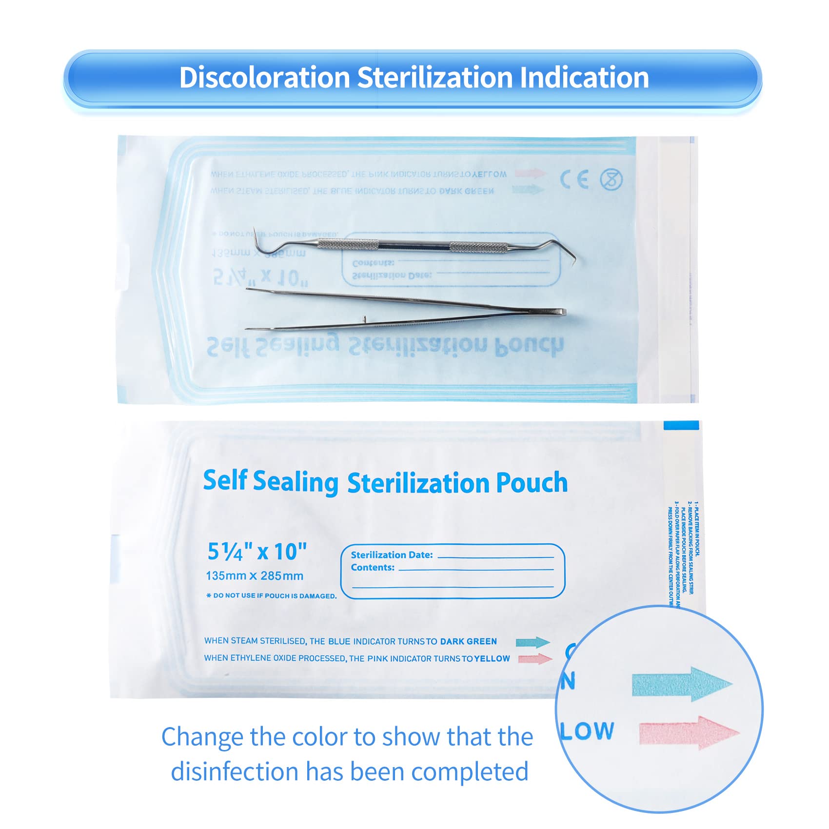 Annhu 5.3 x 11 Inch Self-Sterilizing Pouches - 100 Pack Self-Seal Sterilization Bags for Dental Instruments, Beauty Tools & Nail Equipment | Perfect for Dentist Offices, Salons & Home Sterilization Use