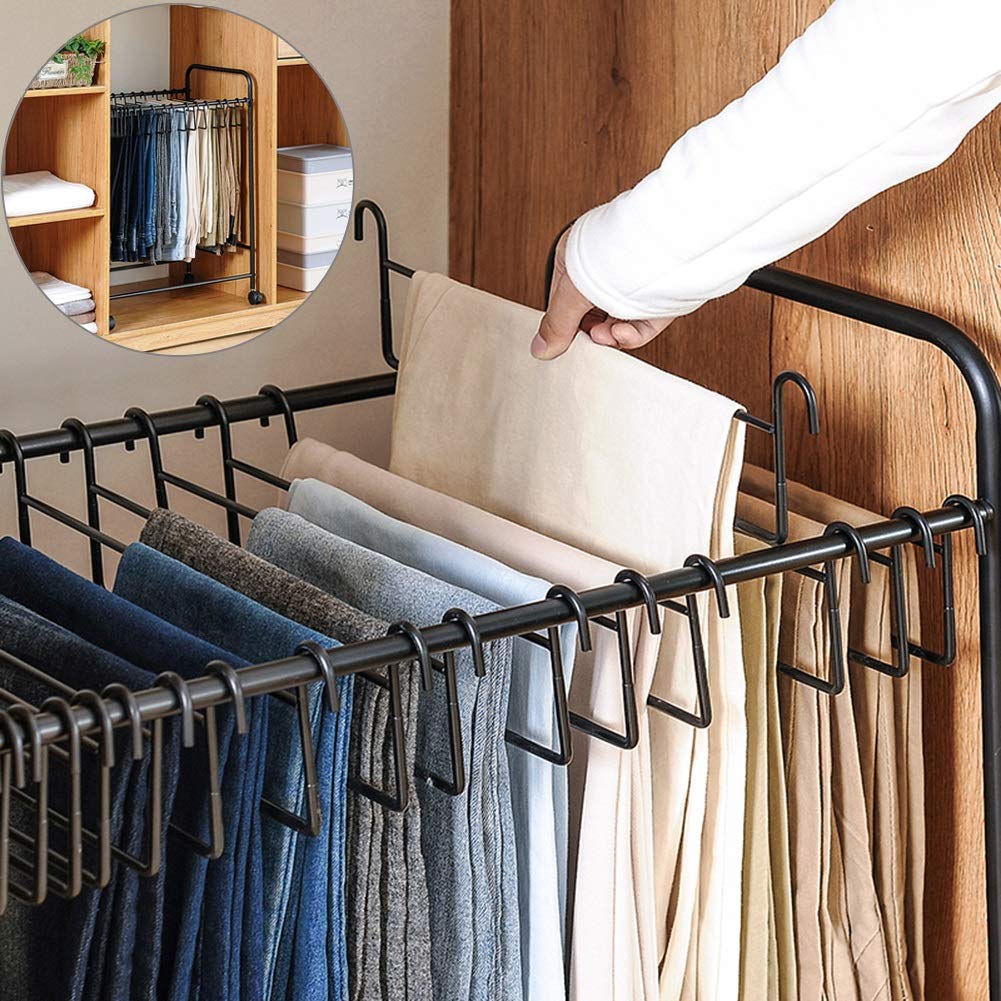 Japanese-Style Closet Organizer - 20 Hooks Rolling Pants Hanger with Removable Hooks, Space-Saving Black Trouser Trolley for Home & Office - Perfect for Wardrobe, Closet, and Laundry Room Organization