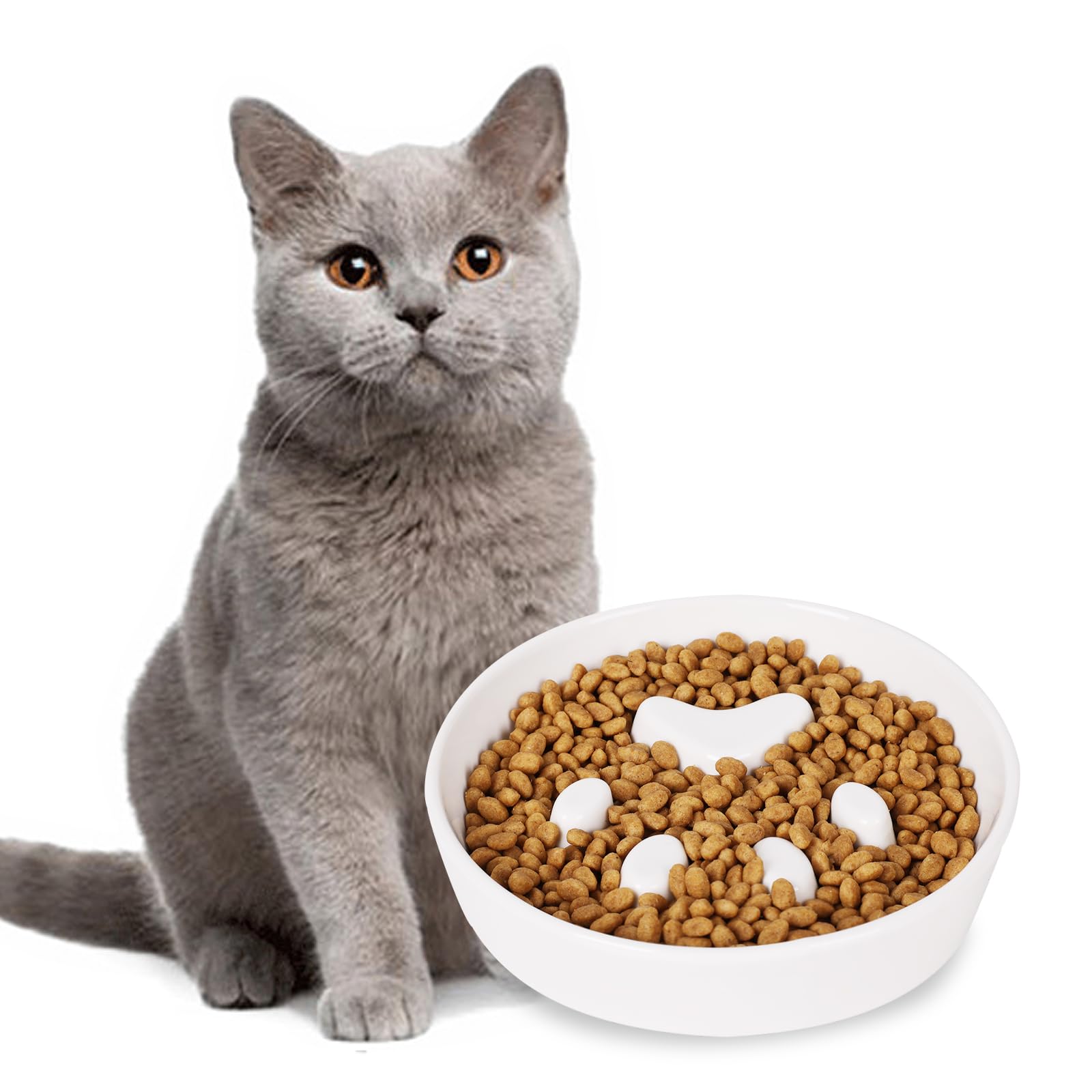 Ceramic Slow Feeder Cat Bowl - Fun Interactive Puzzle Food Dish for Fast Eaters - White Pet Feeding Bowl for Kittens & Adult Cats - Perfect for Portion Control and Preventing Bloat During Mealtime
