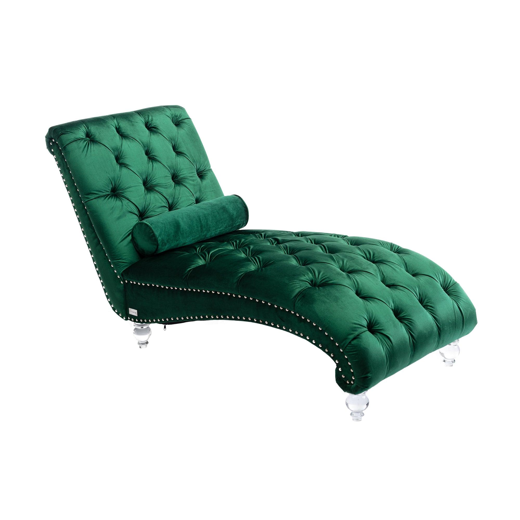 Luxury Velvet Chaise Lounge Chair - Button Tufted Upholstered Sofa with Pillow for Bedroom, Living Room & Office | Emerald Green Velvet Fabric | Perfect for Reading Nook, Lounge Area & Home Decor