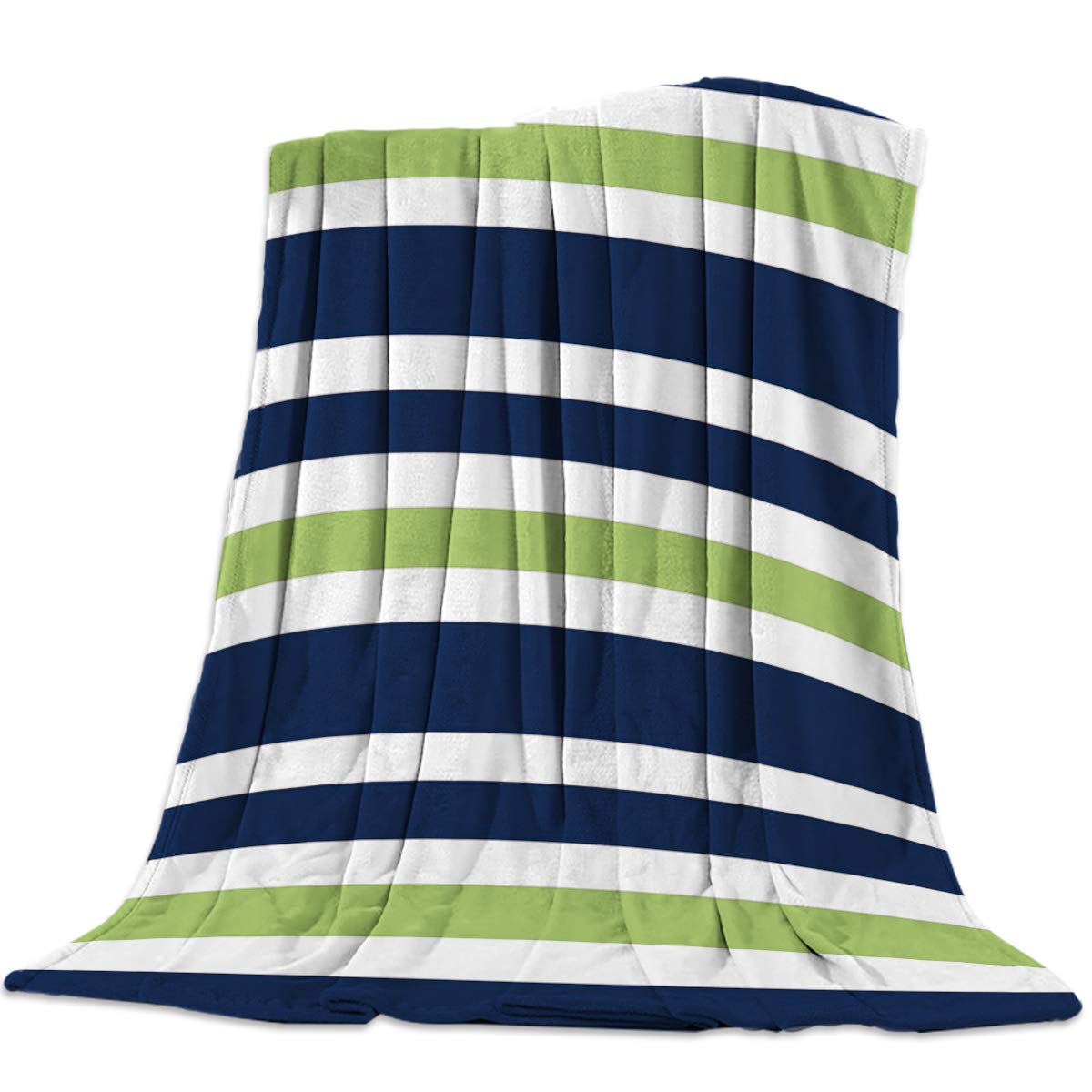 Soft Flannel Fleece Throw Blanket - Navy Blue, Lime Green & White Striped Plush Blanket | 60x80 Inch Cozy Velvet Blanket for Bed, Couch & Kids | Lightweight Fuzzy Blanket for Winter, Movie Nights & Home Decor