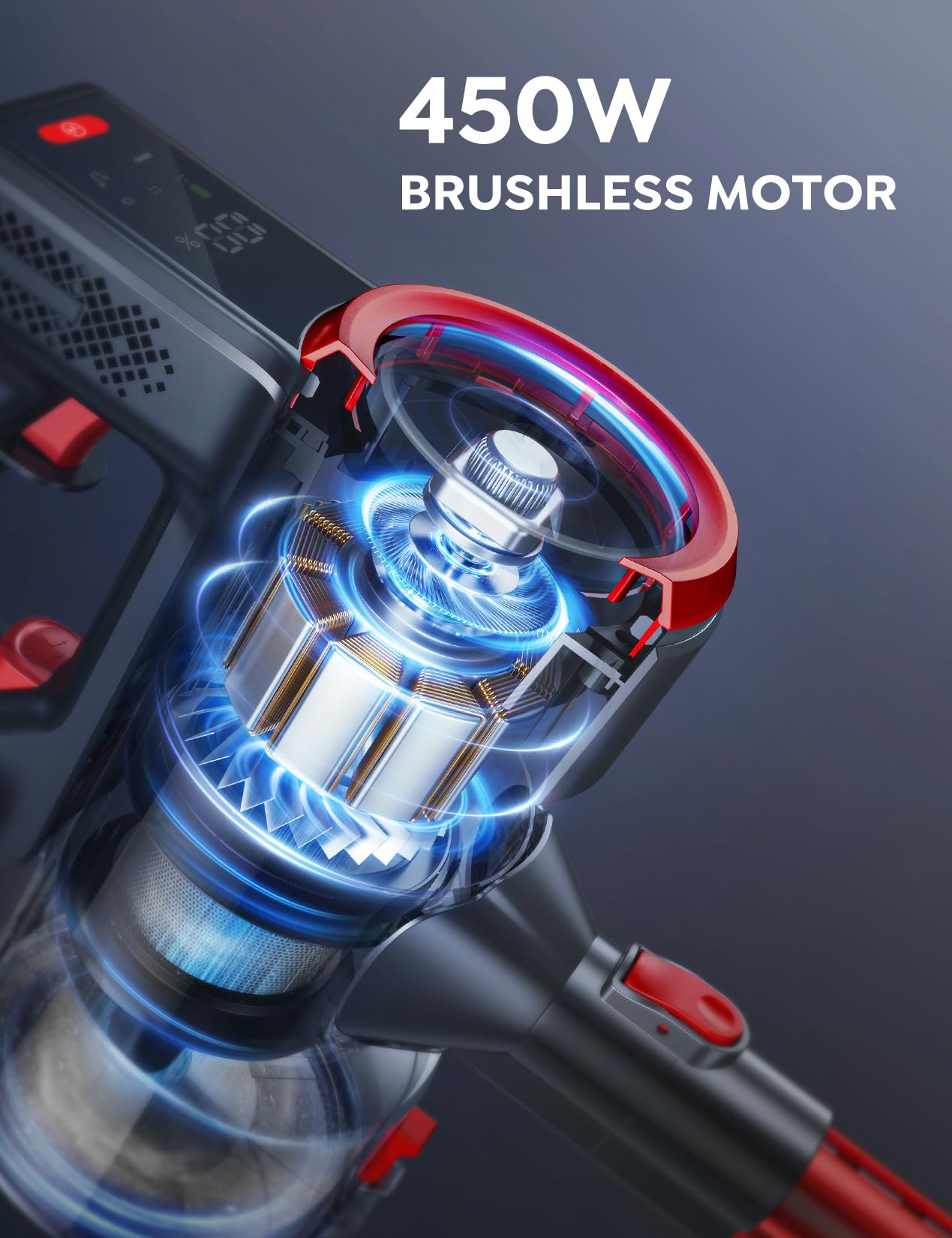 Powerful 450W/38KPA Cordless Stick Vacuum Cleaner with Smart Touch Display - 55 Min Runtime, 1.5L Dust Cup, Lightweight & Anti-Tangle - Ideal for Hardwood Floors, Carpets, Pet Hair Cleaning (Home, Office, Car Use)