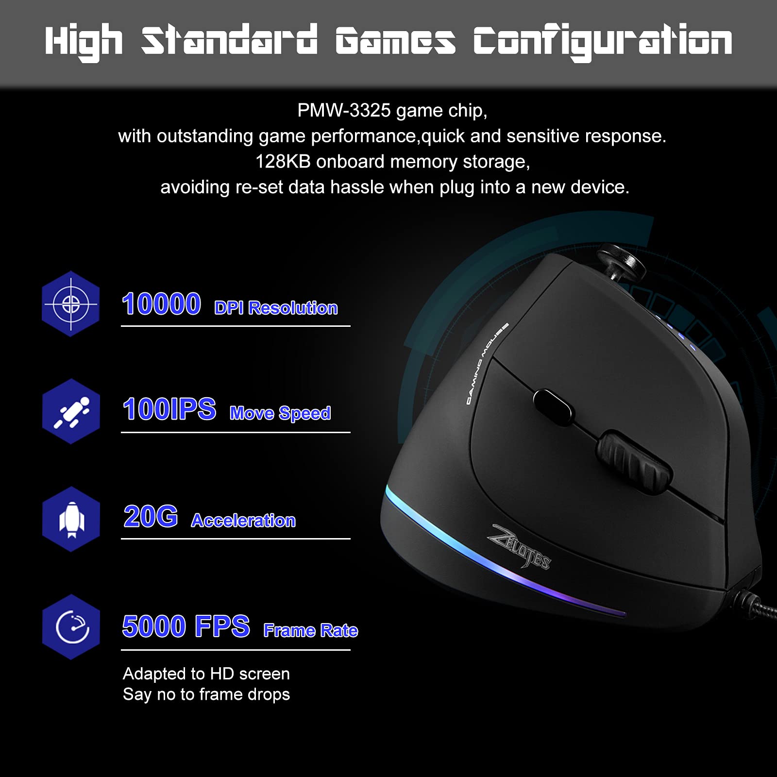 TRELC Ergonomic Vertical Gaming Mouse - 10000 DPI, 5D Rocker, 11 Programmable Buttons - Wired USB Mouse for PC, Laptop, Esports (Black) | Perfect for FPS, MOBA Games & Long Gaming Sessions