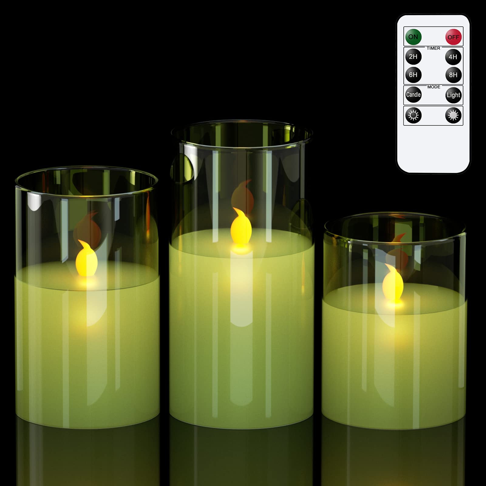 GenSwin Green Glass Flameless LED Candles - Set of 3 with 10-Key Remote & Timer, Real Wax Warm White Flickering Lights for Home Decor, Wedding, Christmas, and Romantic Ambiance