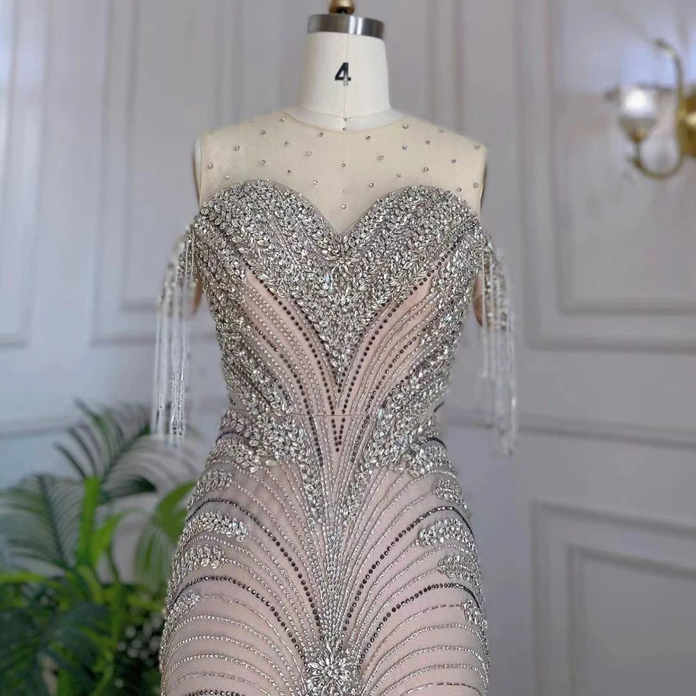 Elegant Arabic Silver Nude Mermaid Evening Gown with Tassel Beading - Luxury Dubai Party Dress for Women - Perfect for Formal Events, Weddings & Red Carpet Occasions