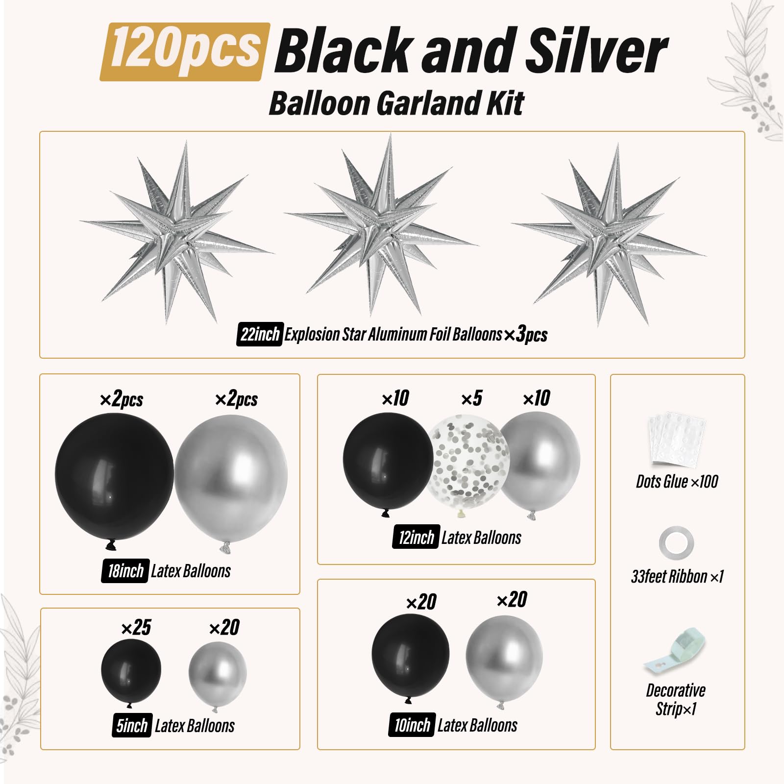 FOTIOMRG Black & Silver Balloon Garland Arch Kit - 3pcs Star Balloons Included | Metallic Party Decor for Birthday, Graduation, Baby Shower, Disco & New Year Celebrations | Perfect for Indoor & Outdoor Event Decorations