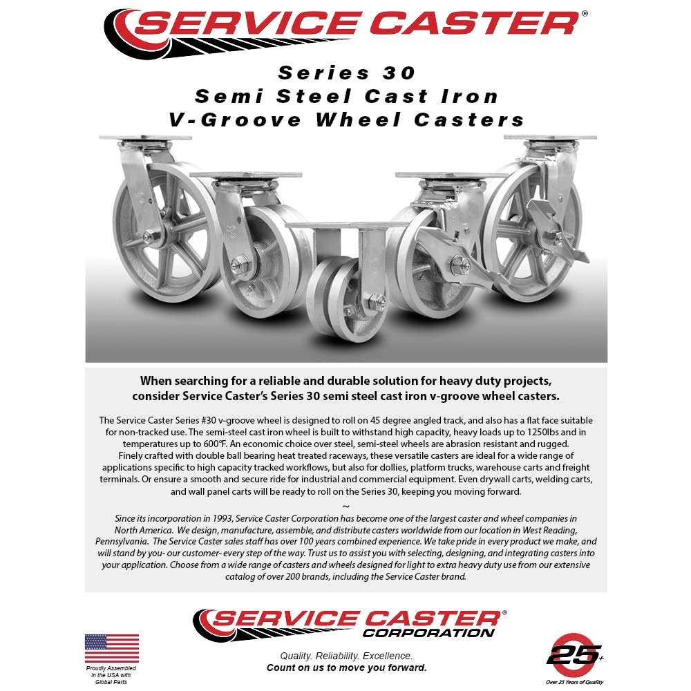 Heavy Duty Cast Iron Swivel Plate Casters Set of 4 - 6 Inch Wheels with Swivel Locks & Brakes | Service Caster Brand | Industrial Equipment, Warehouse Carts & Furniture Movers