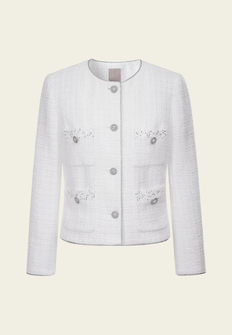 Sequin Detail Patch Pocket Tweed Jacket for Women - Elegant Blazer with Sparkle Accents | Perfect for Office Wear, Parties & Special Occasions
