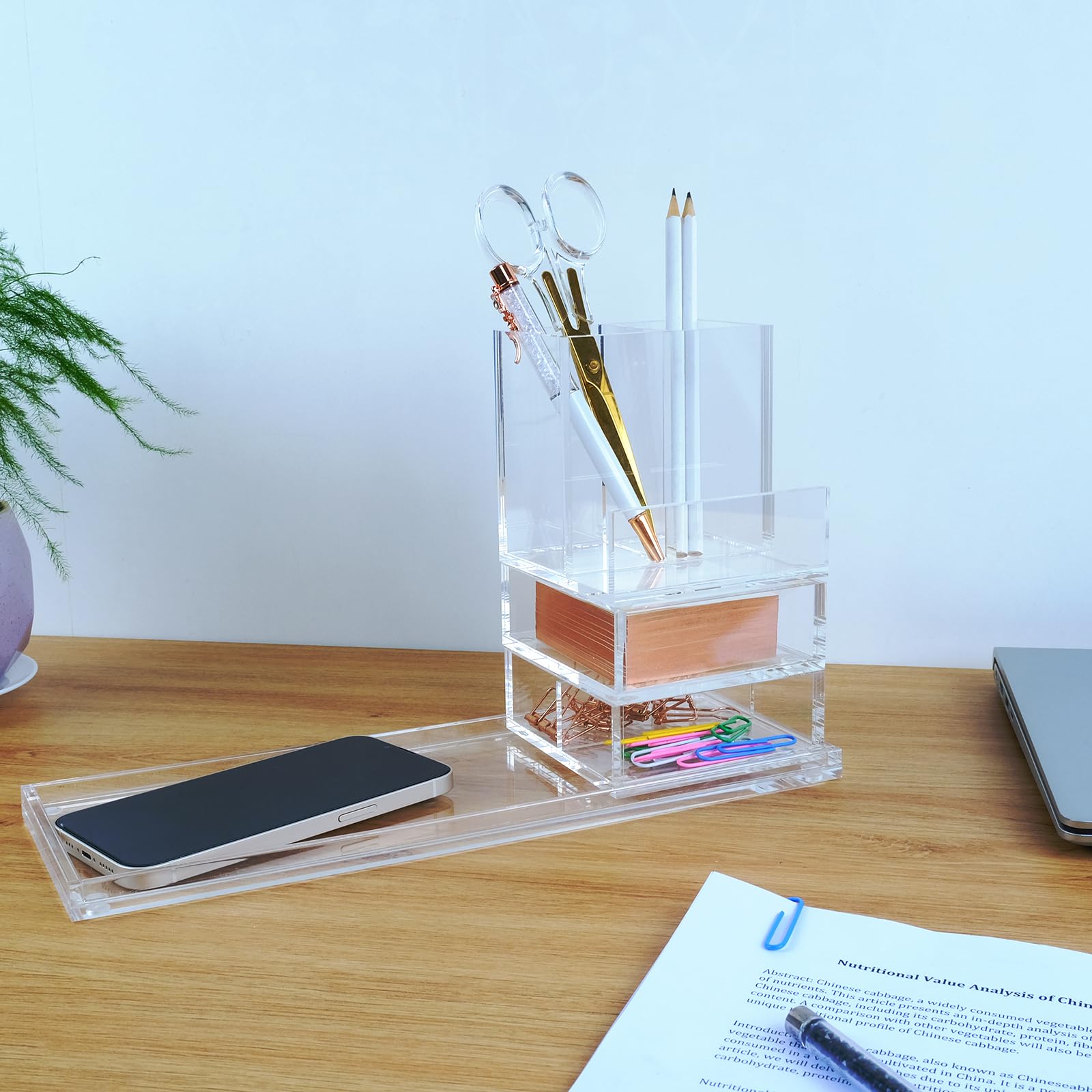 Clear Acrylic Desk Organizer Set - 4-Piece Office & Home Desktop Organizer Kit with Bonus Acrylic Ruler | Perfect for Office Supplies, School Stationery, and Home Office Organization