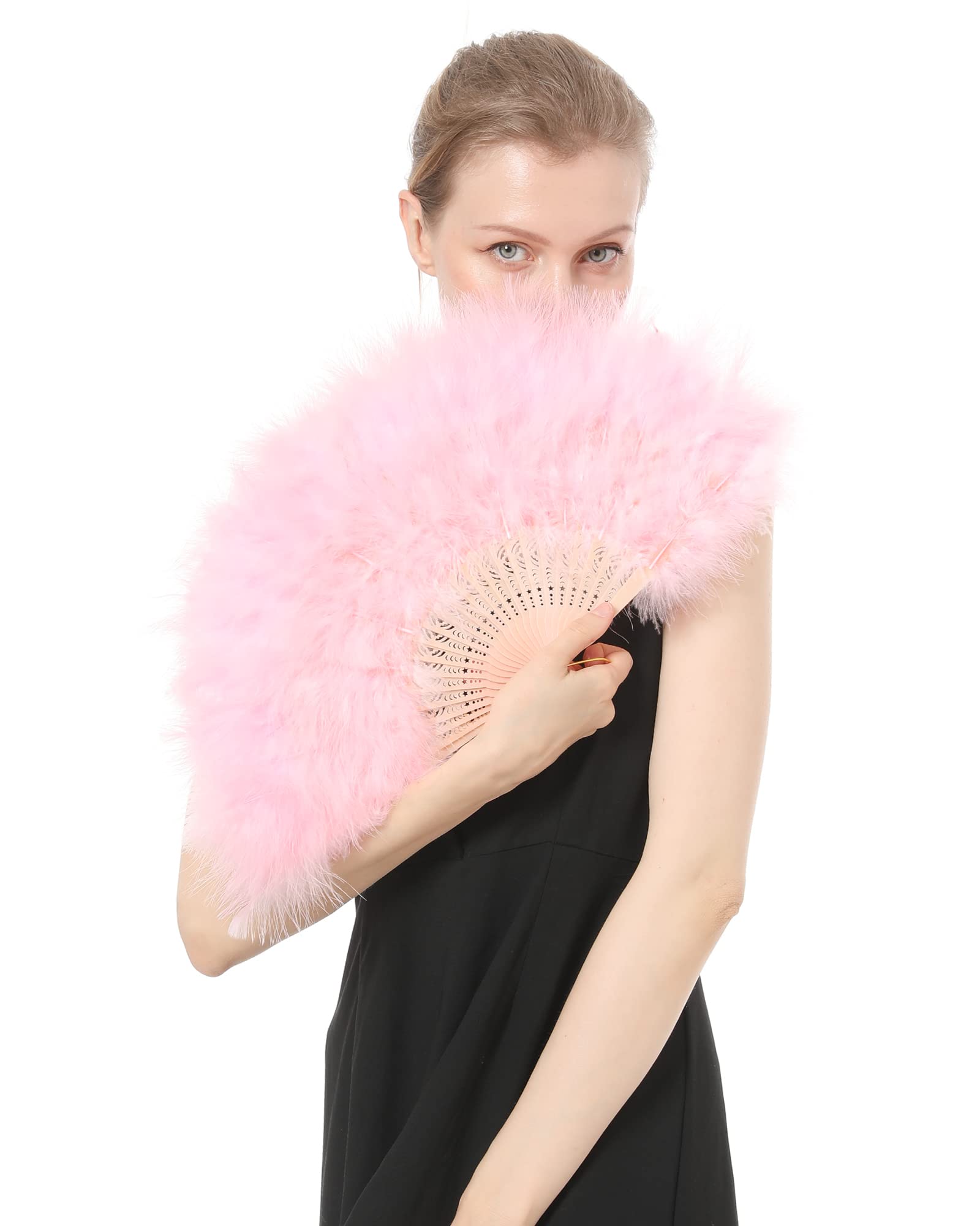 Marabou Feather Handheld Folding Fan - Elegant Pink Costume Accessory for Halloween, Tea Parties, Weddings & Photo Props | Perfect for Cosplay, Bridal Showers & Home Decor