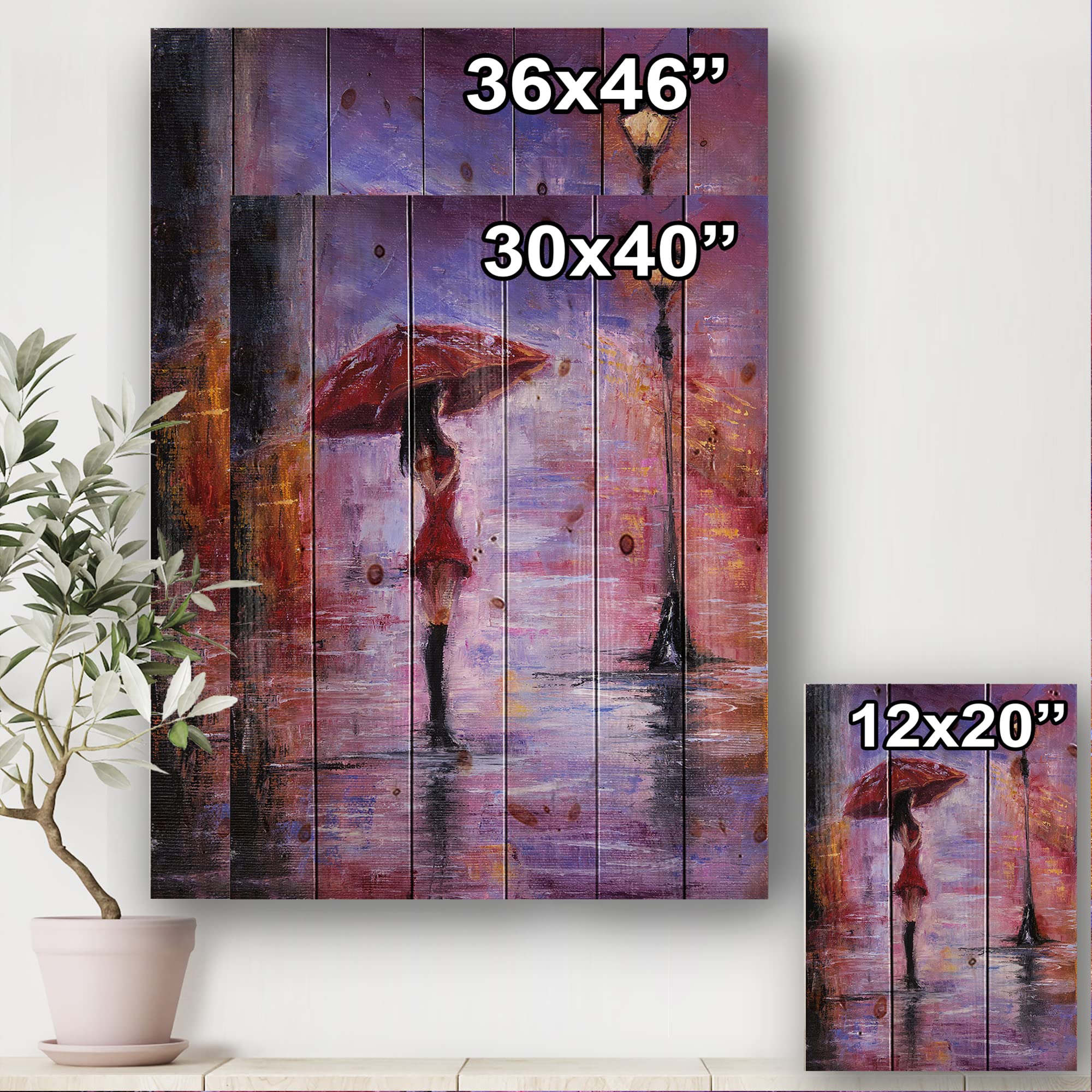 DesignQ Traditional Wood Wall Art - Woman in Red Walking with Umbrella Print on Natural Pine Wood, Large People Wall Decor for Living Room, Bedroom & Office