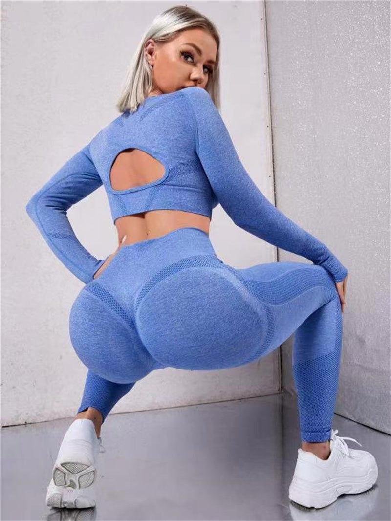 2-Piece Women's Workout Set - Long Sleeve Mesh Top & High Waist Butt Lifting Seamless Leggings | Gym Fitness Yoga Running Sportswear Outfit for Women | Perfect for Gym, Yoga, Running & Casual Wear