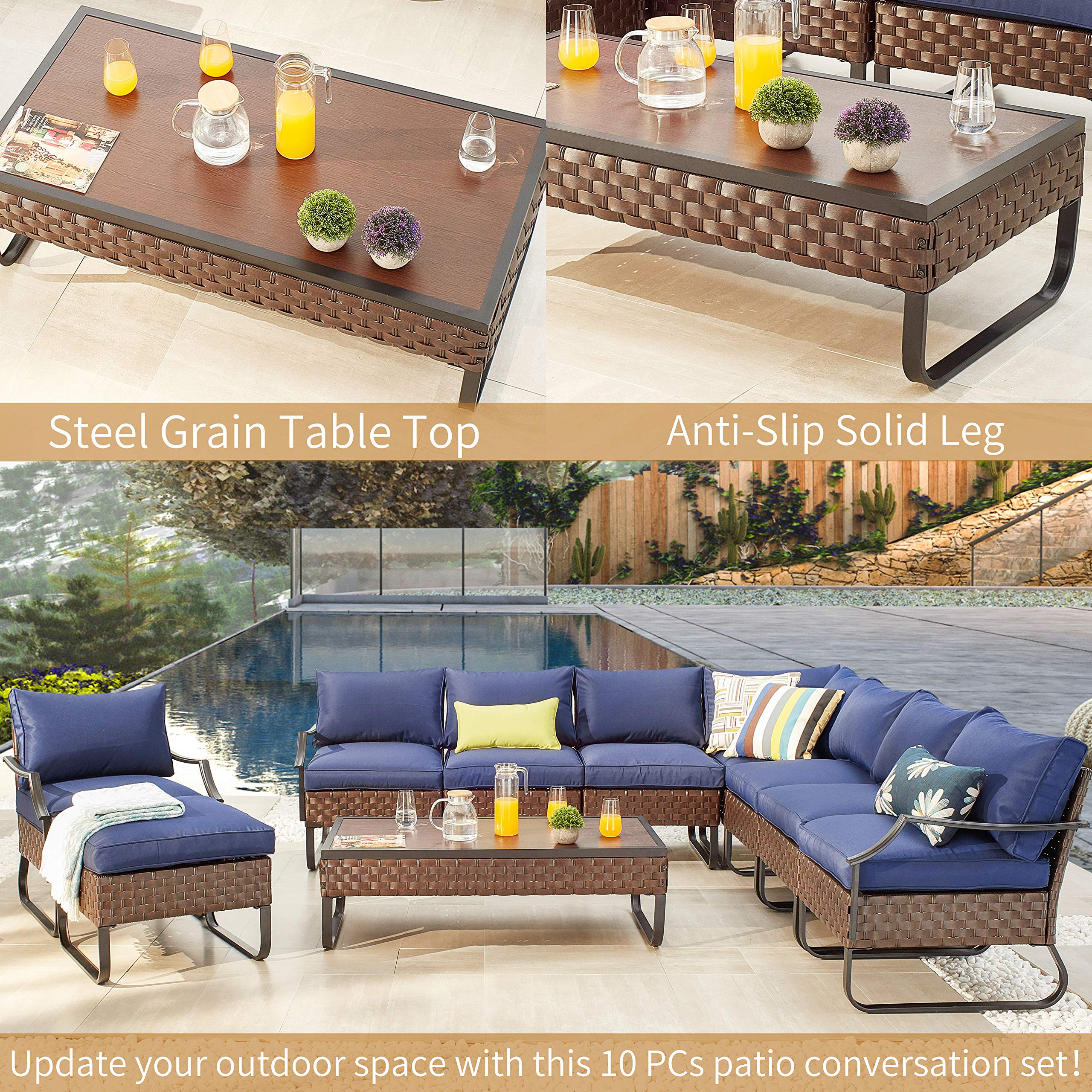 Romayard 10-Piece Outdoor Patio Conversation Set - All-Weather Steel Frame Sectional Sofa with Cushions for Garden, Lawn, Poolside - Perfect for Backyard Relaxation, Entertaining Guests & Outdoor Lounging