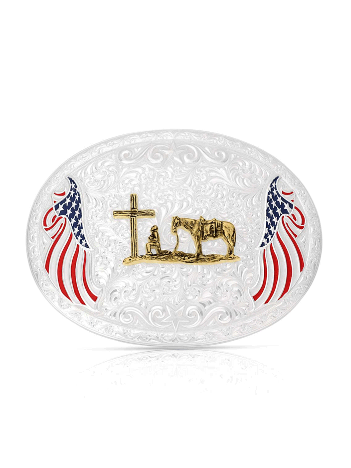 Montana Silversmiths AM53100 731M Genuine American Made Christian Cowboy Belt Buckle - Western Style Silver Freedom Buckle for Men - Perfect for Rodeo, Ranch Work & Patriotic Events