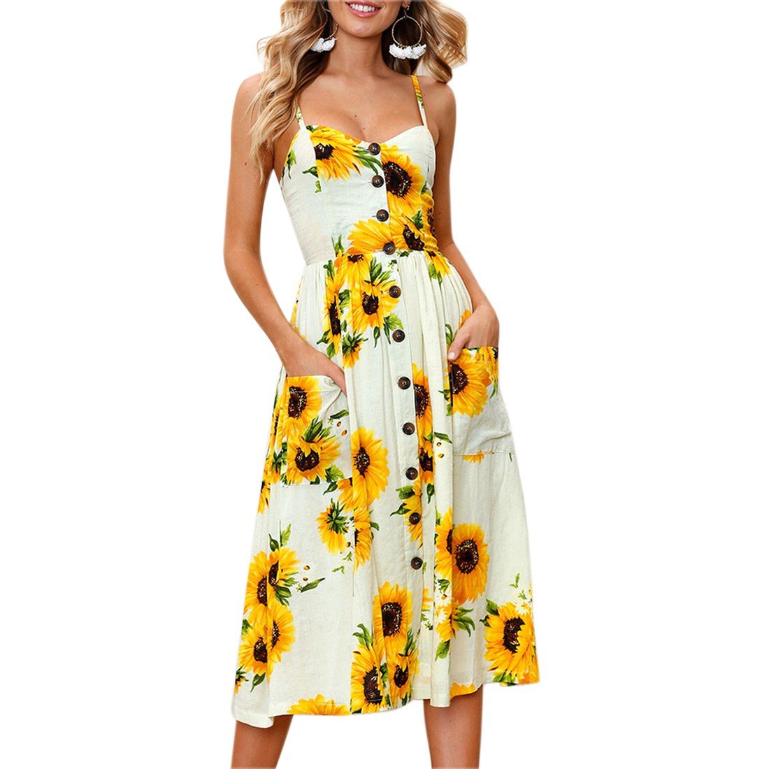 Women's Floral Bohemian Summer Dress - Spaghetti Strap Button Down Swing Midi Dress with Pockets | Perfect for Beach Vacations, Date Nights & Casual Outings