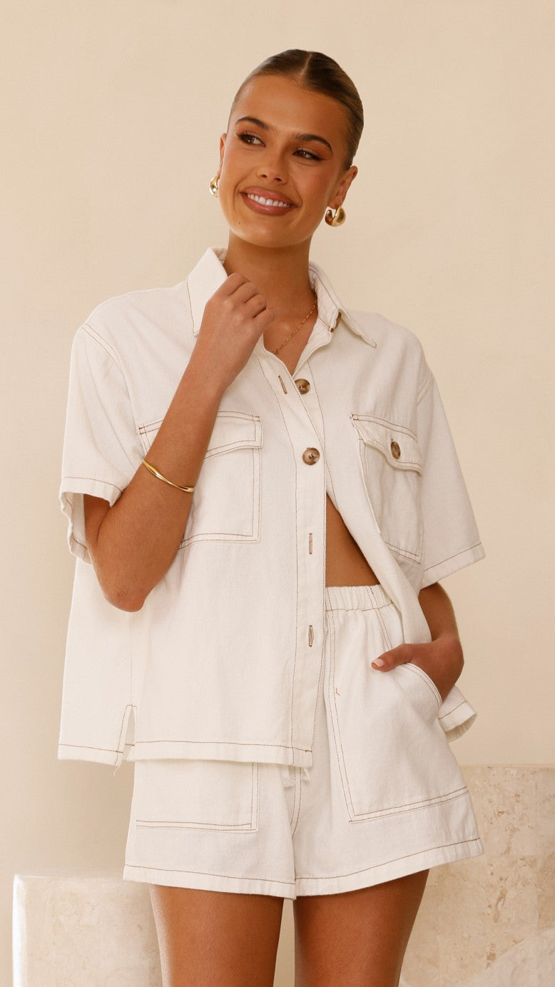 Loretta Women's White Denim Button Up Shirt and Shorts Set - Casual Summer Outfit for Beach, Vacation & Streetwear