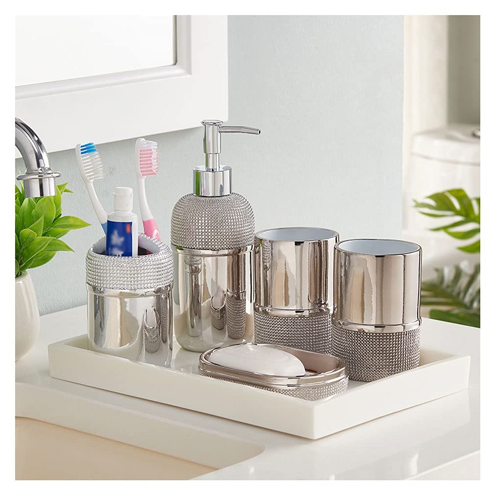 FEIYIYANG 6-Piece Gold Bathroom Accessories Set - Resin Soap Dispenser, Toothbrush Holder, Tumbler, Soap Dish & Ceramic Tray - Elegant Silver Finish for Modern Bathrooms, Spa & Guest Bath Decor
