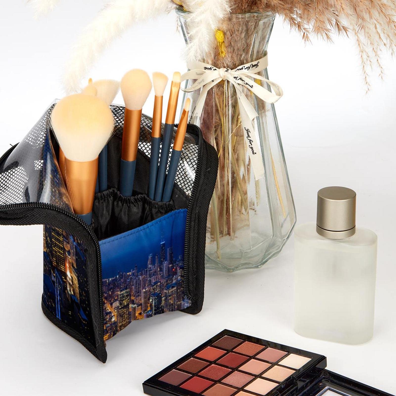 12-Piece Makeup Brush Organizer Bag with View Architecture Tower Sky Design - Portable Makeup Brush Holder Case for Travel & Home Storage